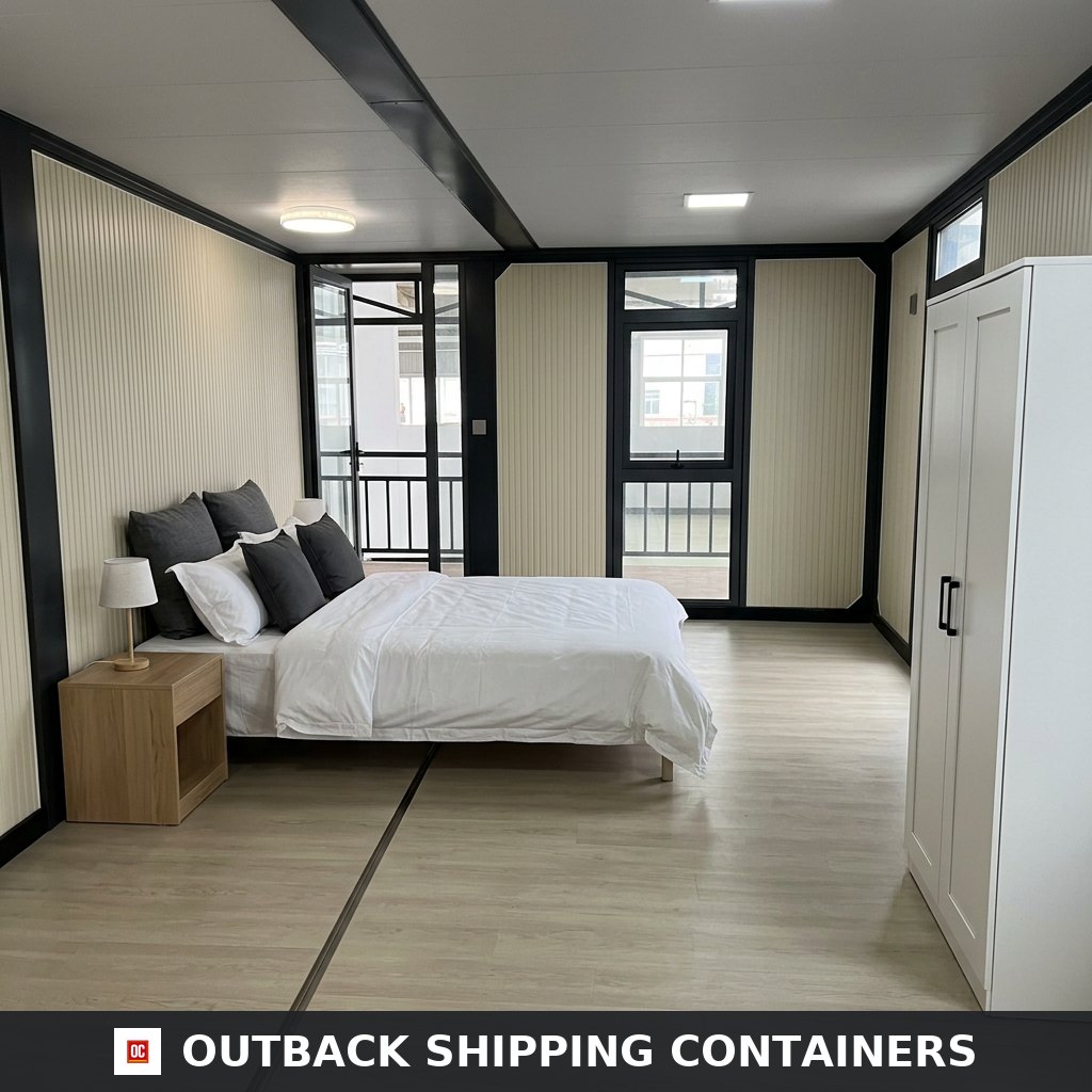 Bedroom 2 on the upper floor with queen bed, bedside table, wardrobe and balcony doors