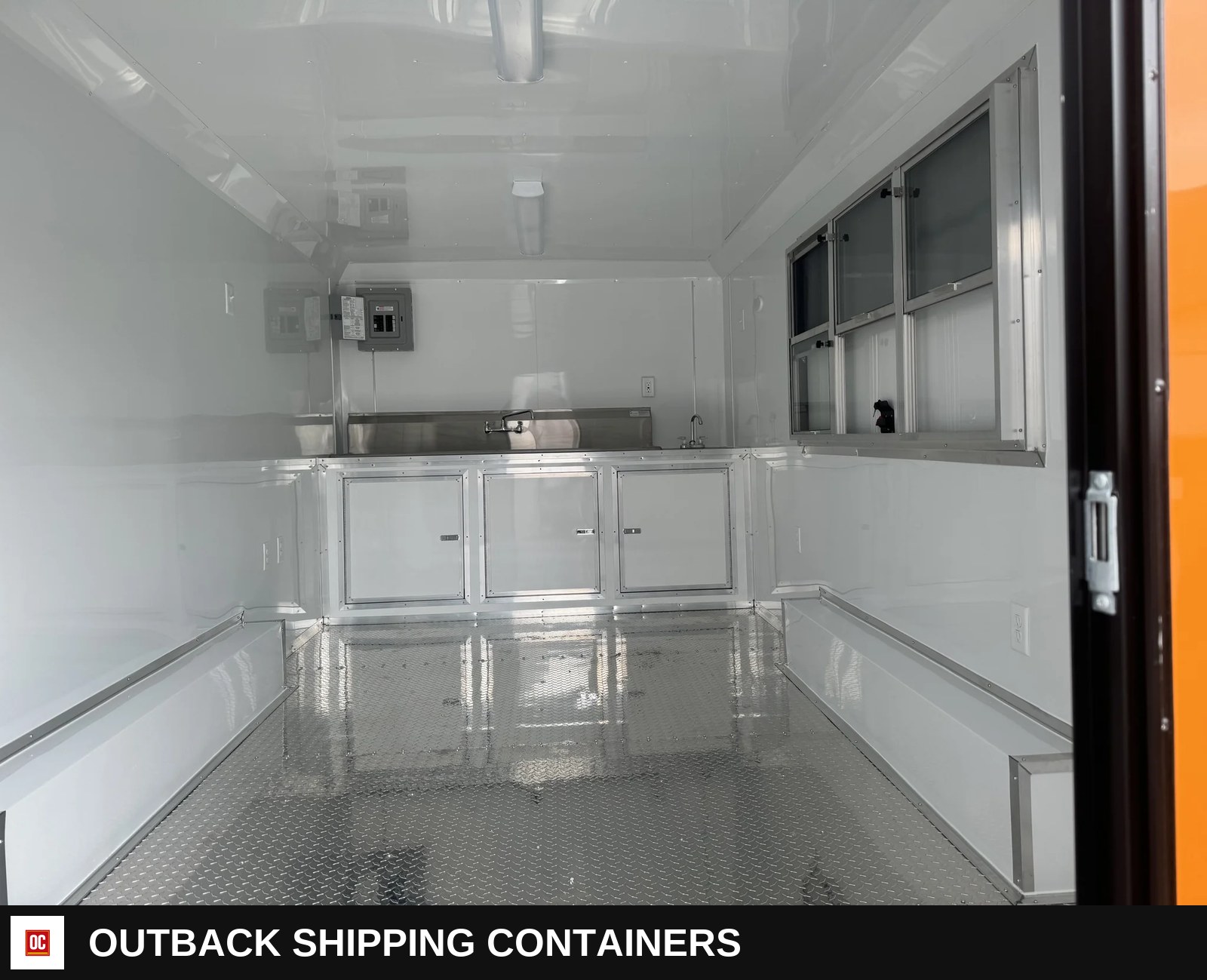 8.5x16 Quality Concession Trailer Orange Blackout Package — Serving Window And Hatch | Outback Shipping Containers 8.5x16 Quality Concession Trailer Orange Blackout Package for sale — serving window and hatch