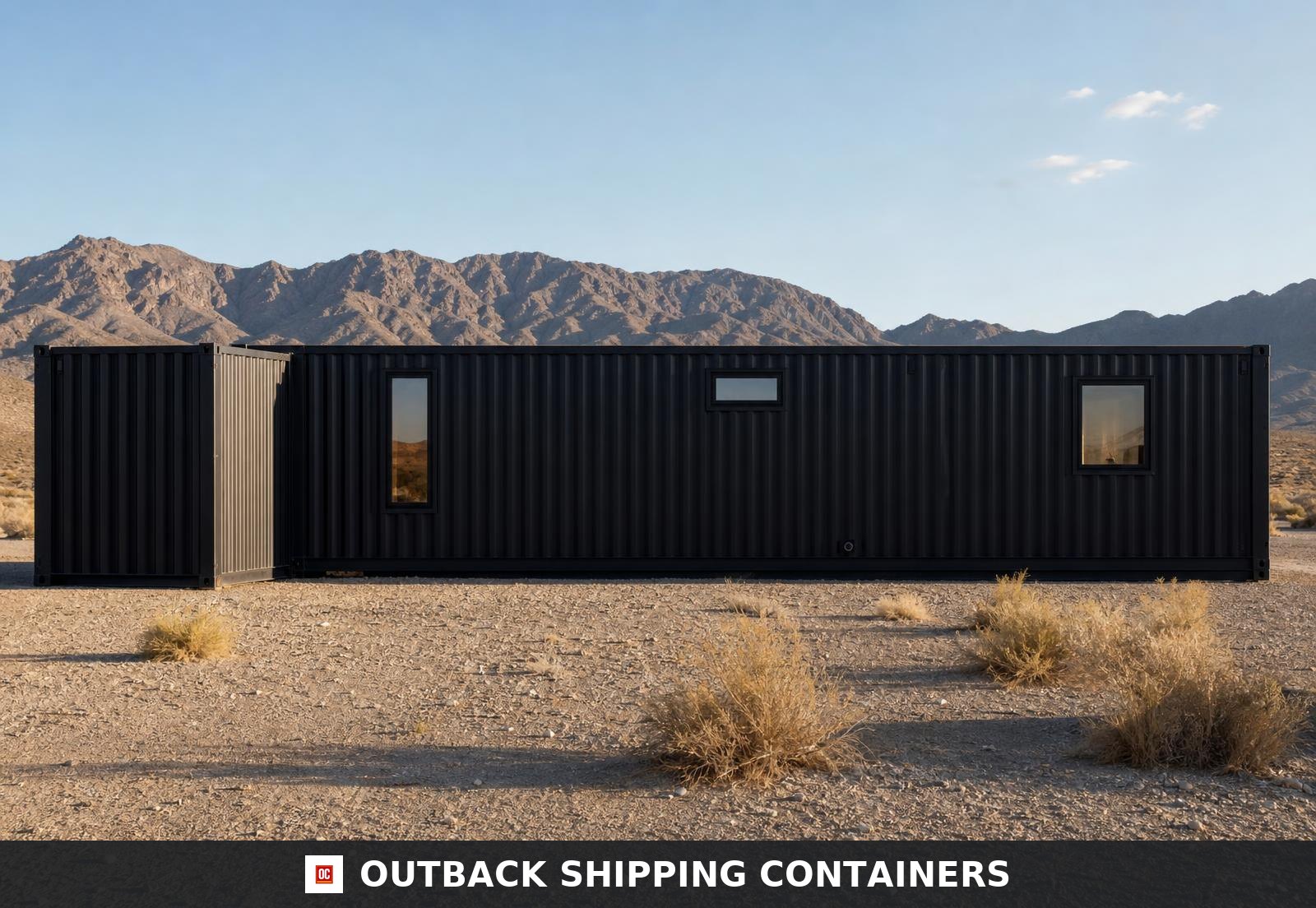 West side elevation of the container home showing the punched glazing pattern of the west wing modules
