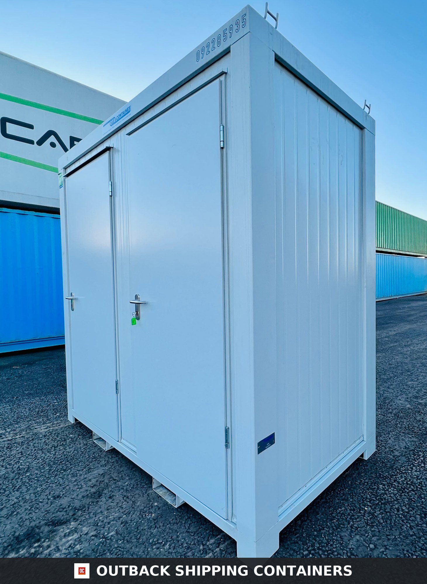 Double Toilet Blocks for Sale — Interior Detail | Outback Shipping Containers Double Toilet Blocks — Male/Female WC — 8x5 ft — NEW 1+1 Toilet Block — Light Grey — No 790 — product gallery image 5 of 8