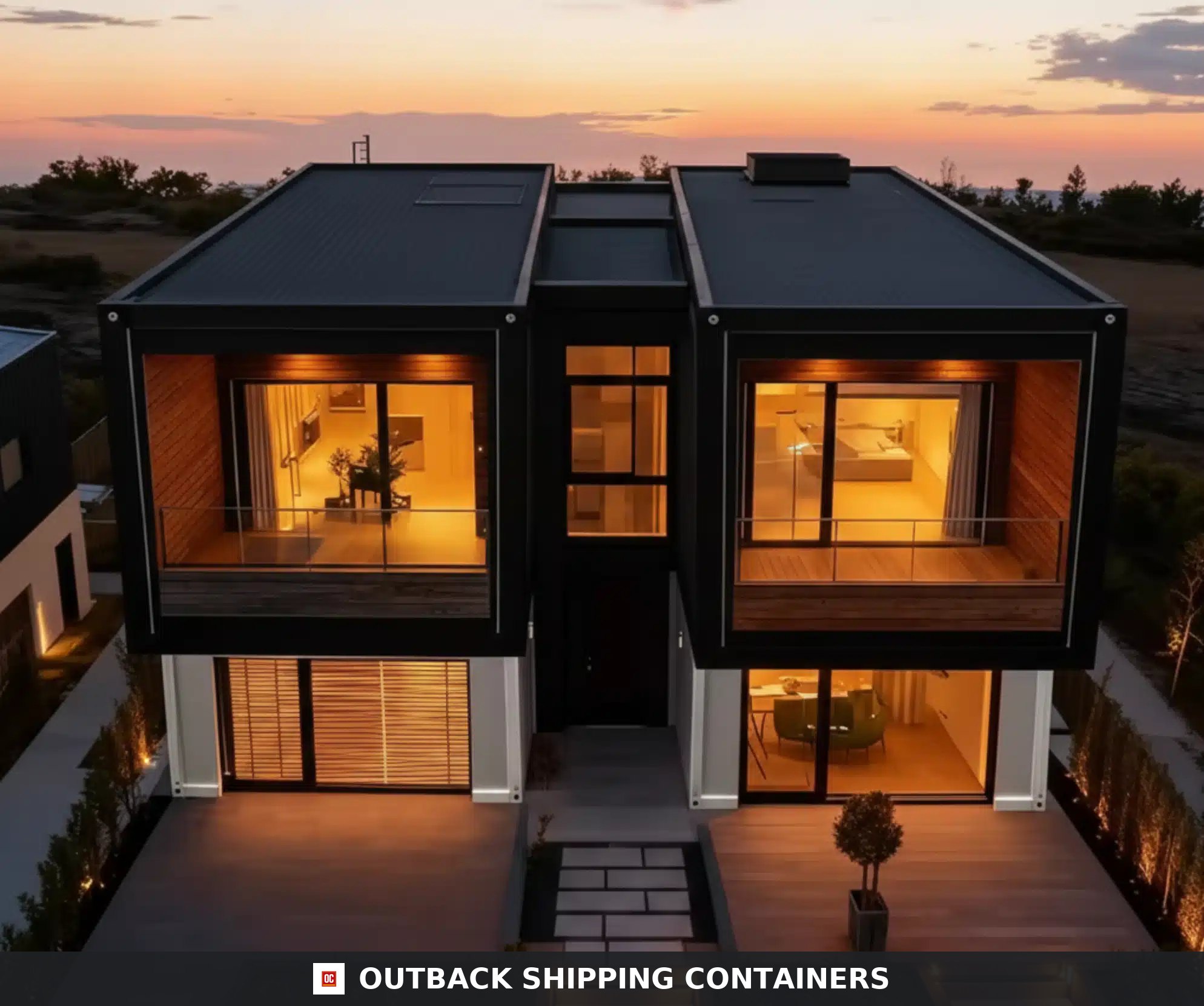Front exterior of the Luxury 3 Bedroom Prefabricated Modular Container Home Villa with two upper balconies