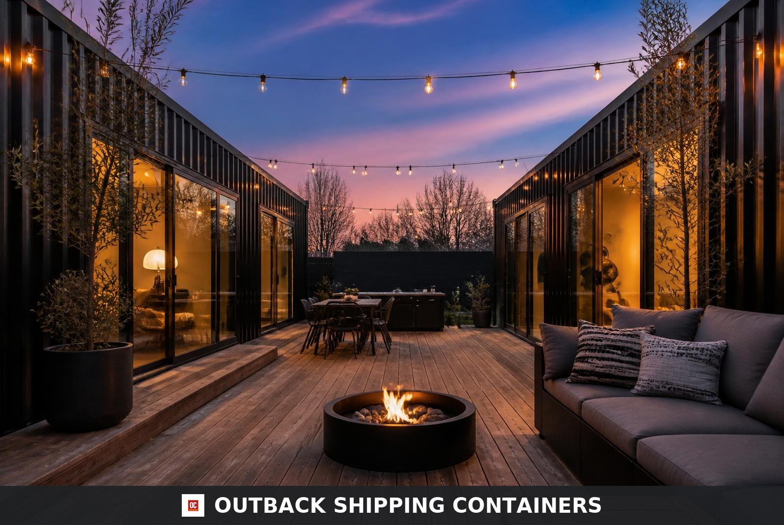 Trinity U-shape container home — central wood deck at twilight with fire pit, string lights and lounge seating