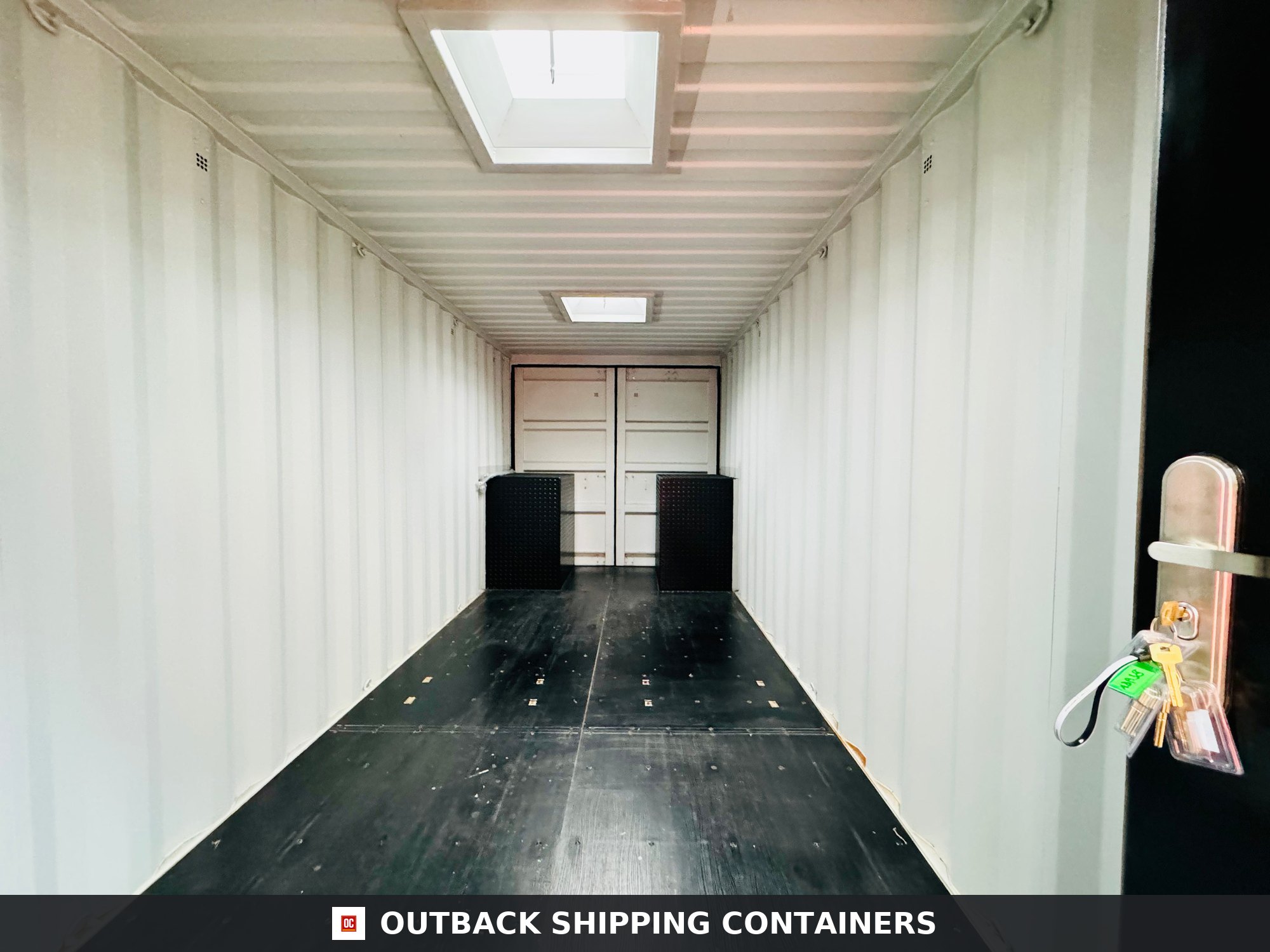 20x8ft CUSTOM Converted/Modified Shipping Container — Jet Black for Sale — Interior Detail Jet Black 20x8ft custom container — angle 6