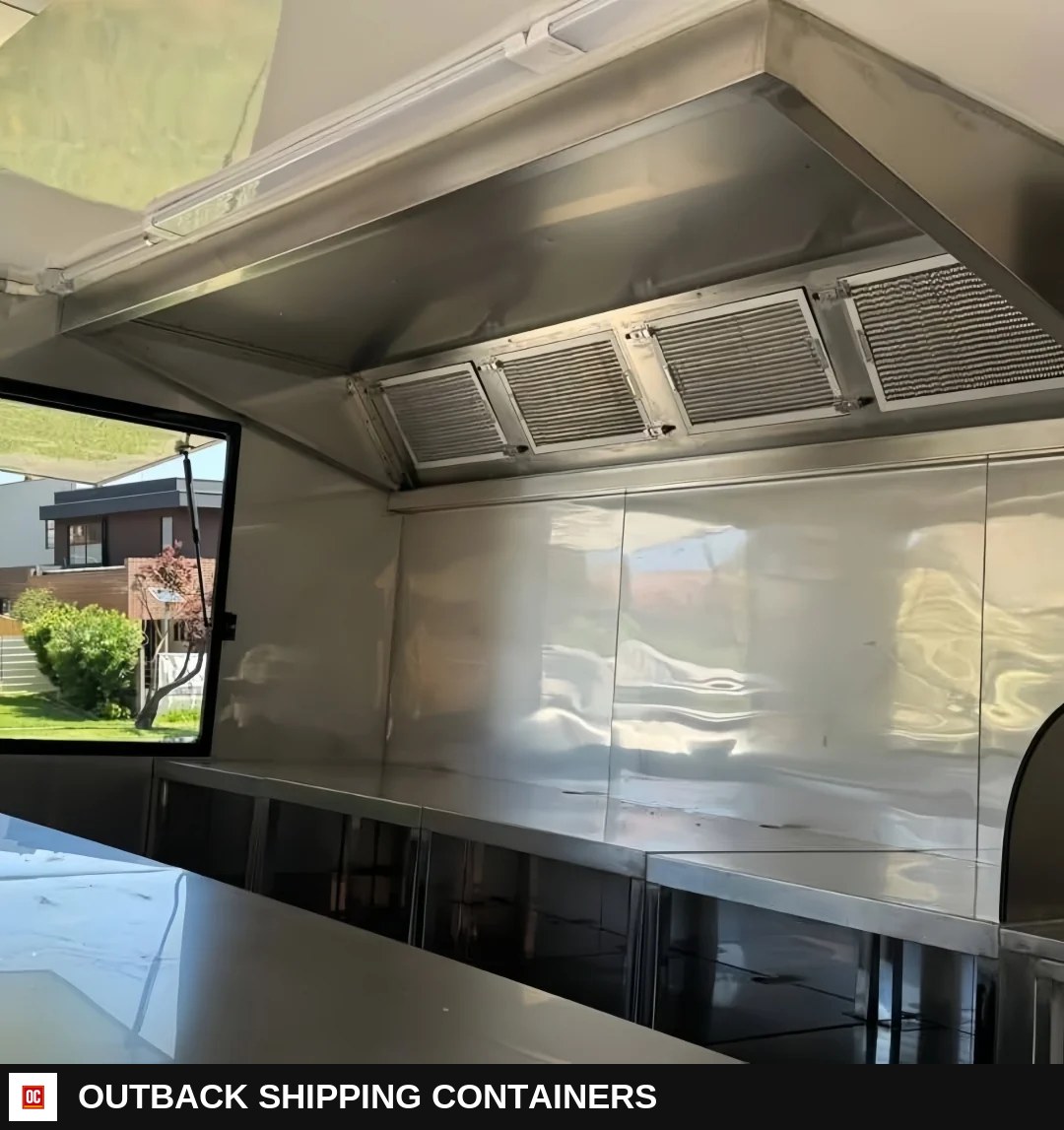 Modern White & Black Square Food Trailer 4m Box Style Mobile Kitchen Dual Axle — Three-Quarter Front Angle | Outback Shipping Containers Modern White & Black Square Food Trailer 4m Box Style Mobile Kitchen Dual Axle for sale — three-quarter front angle