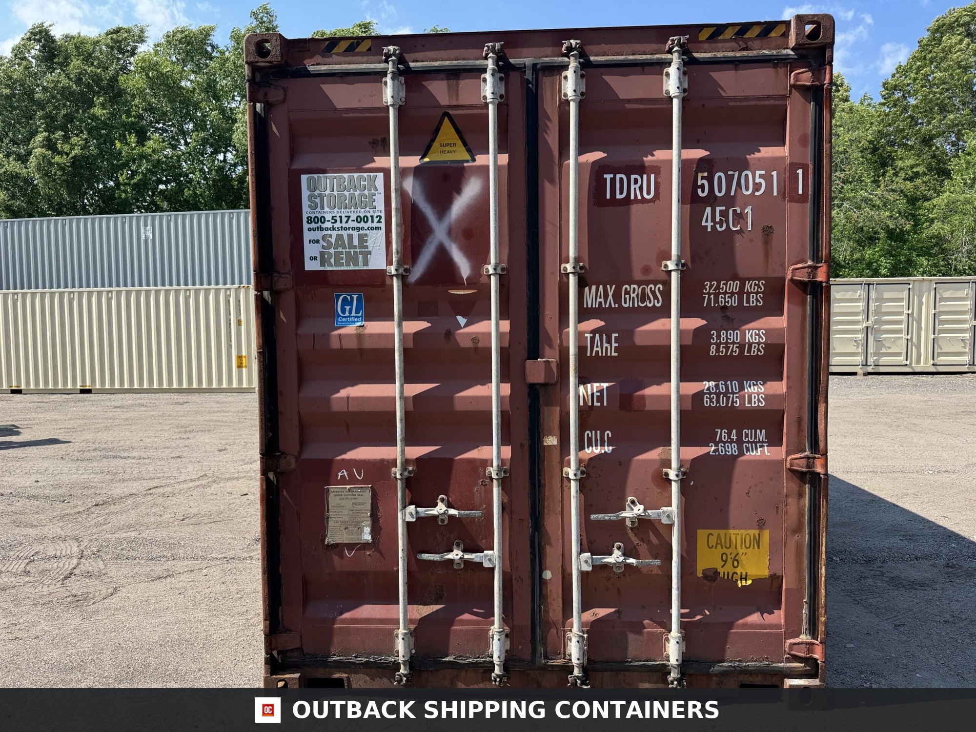 40ft Used High Cube Shipping Container — Three-Quarter Angle View | Outback Shipping Containers 40ft Used High Cube Shipping Container – Wind & Watertight – Red — 40ft — used (image 3 of 12)