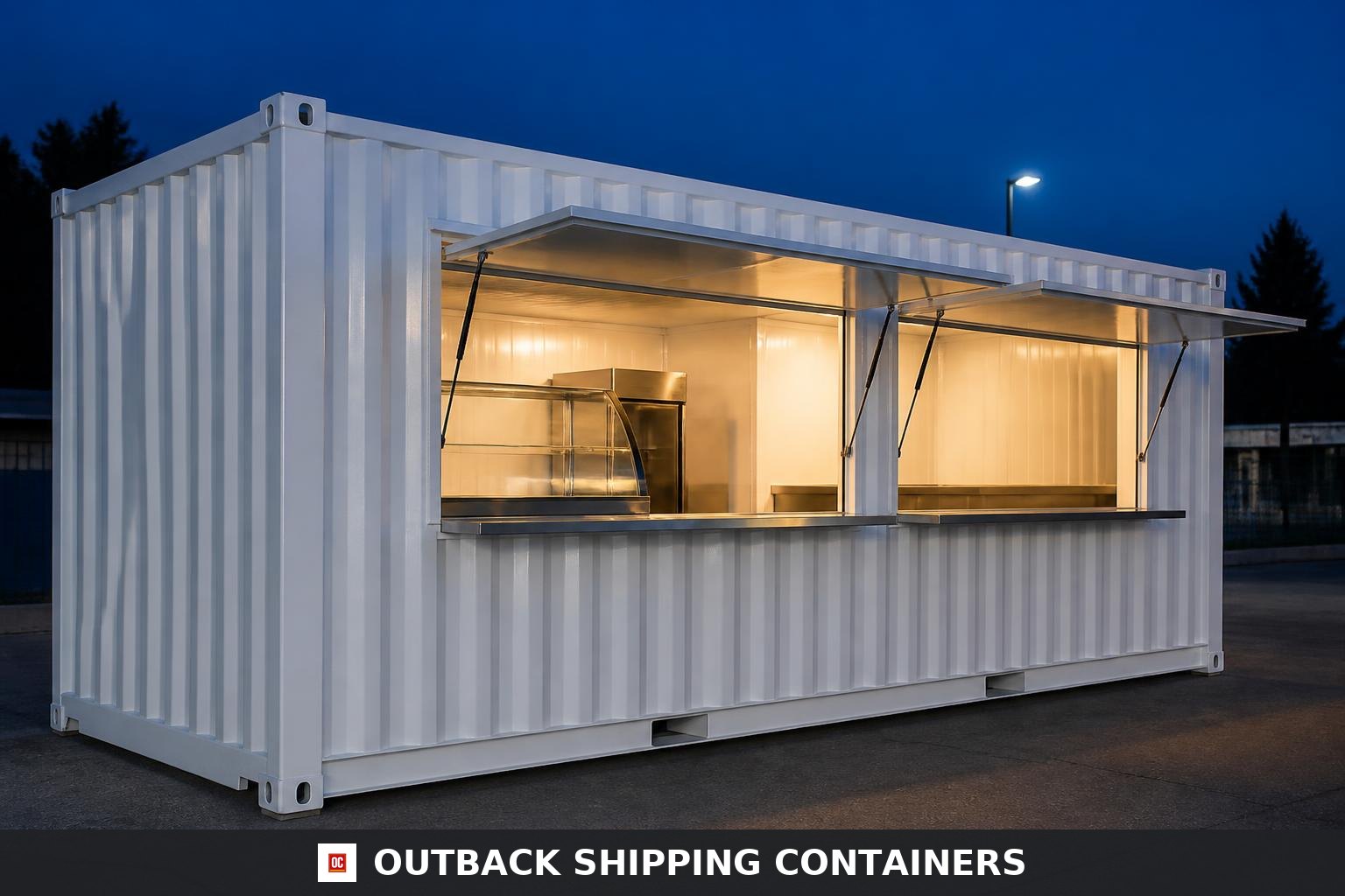 Outback Vendor 20ft Concession & Retail Kiosk Container for Sale — Interior Detail The Outback Vendor concession kiosk open for business at dusk with warm interior lighting