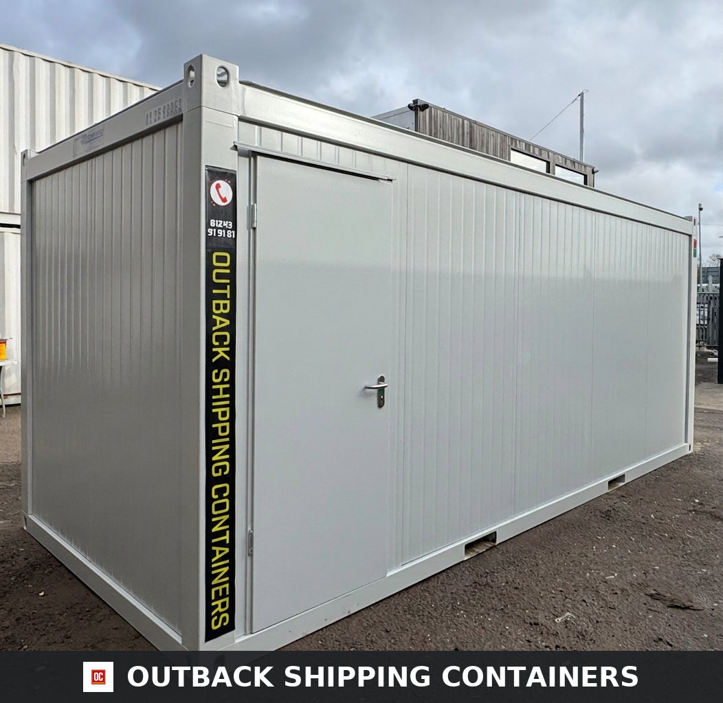 Toilet Block for Sale — Three-Quarter Angle View | Outback Shipping Containers Toilet Block — 5 WC / 5 Basins / 4 Urinals — 20 x 8 ft NEW Portable — Grey — No 797 — product gallery image 3 of 19