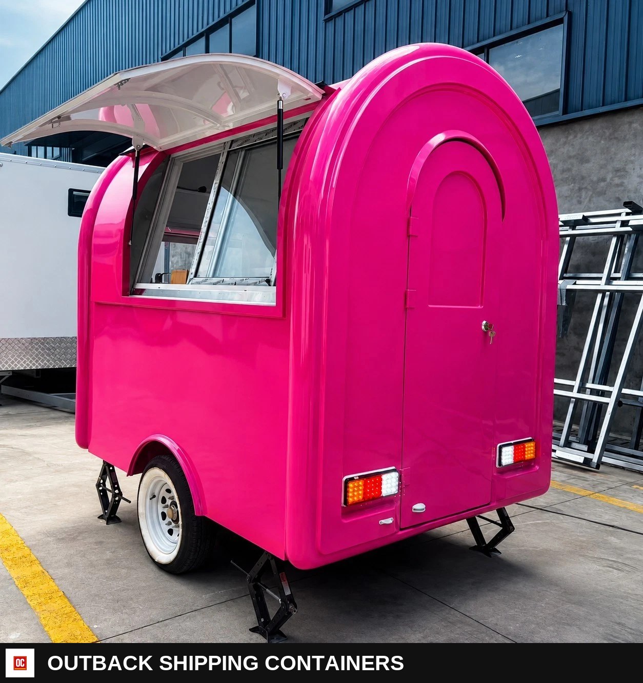 Pink Mobile Catering Food Trailer Single Axle Dual Serving Hatch Coffee — Undercarriage, Axles And Suspension | Outback Shipping Containers Pink Mobile Catering Food Trailer Single Axle Dual Serving Hatch Coffee for sale — undercarriage, axles and suspension