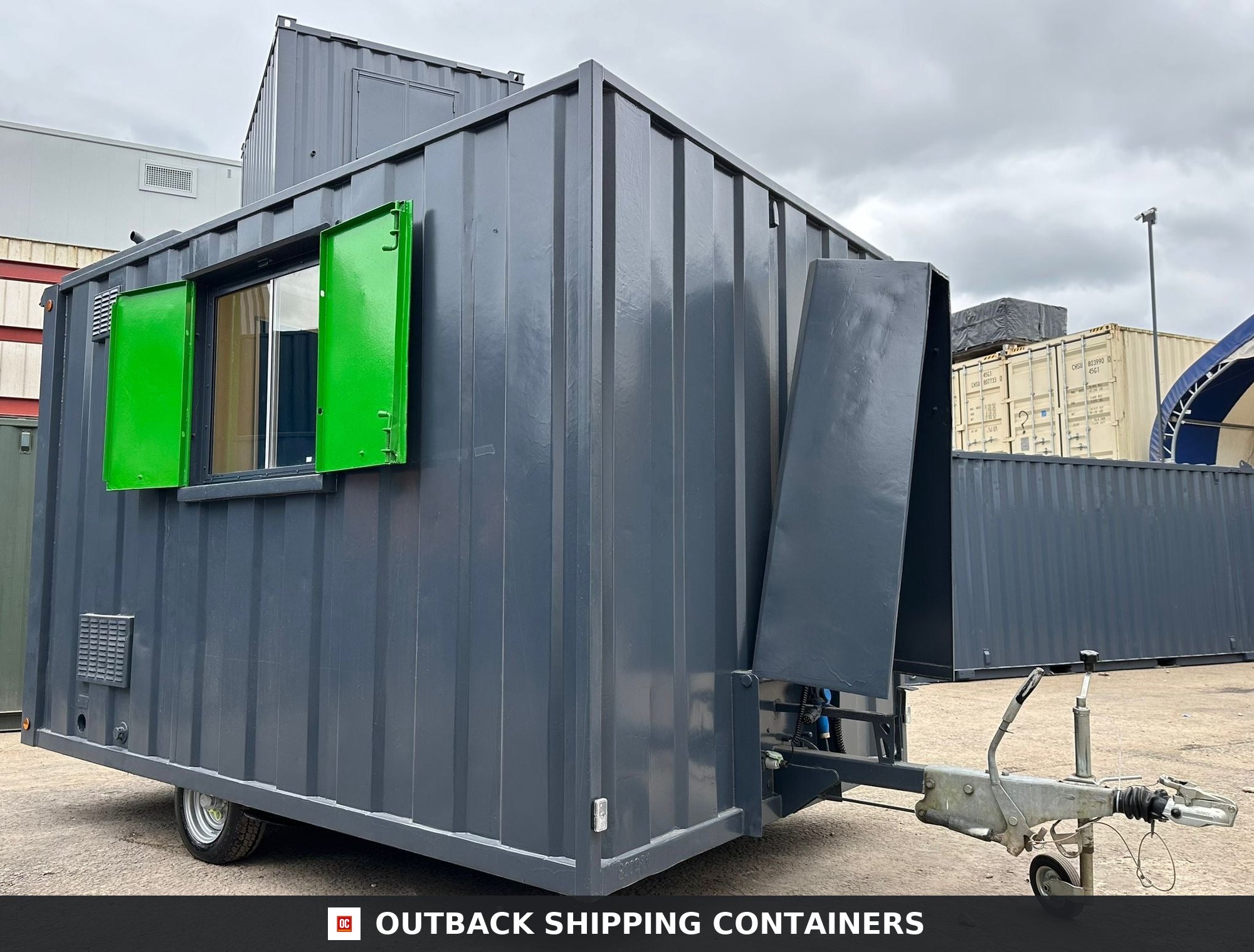 Groundhog Towable Mobile Welfare | Towable Canteen + Toilet & Drying Room — Interior View Refurbished Groundhog towable mobile welfare unit in grey with green window shutters and diesel generator housing