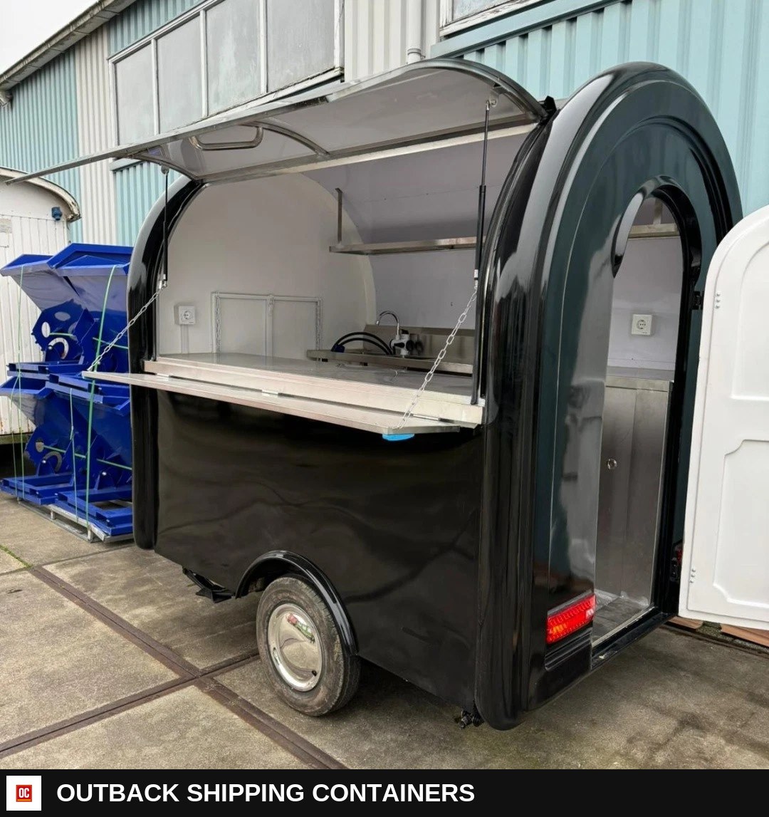 Black Mobile Catering Food Trailer Single Axle Serving Hatch Stainless Interior — Serving Window And Hatch | Outback Shipping Containers Black Mobile Catering Food Trailer Single Axle Serving Hatch Stainless Interior for sale — serving window and hatch
