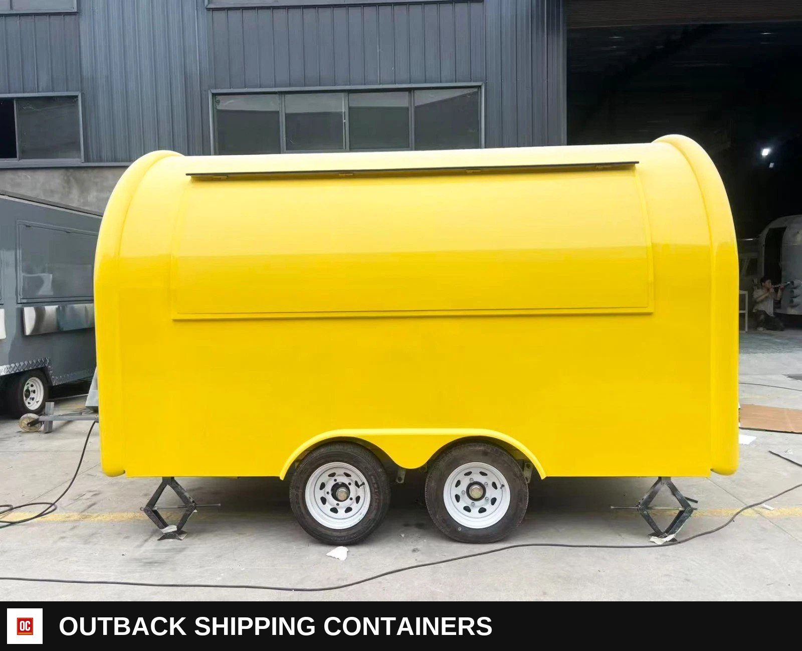 Yellow Mobile Catering Food Trailer Twin Axle Dual Serving Hatch — Interior Kitchen Layout | Outback Shipping Containers Yellow Mobile Catering Food Trailer Twin Axle Dual Serving Hatch for sale — interior kitchen layout
