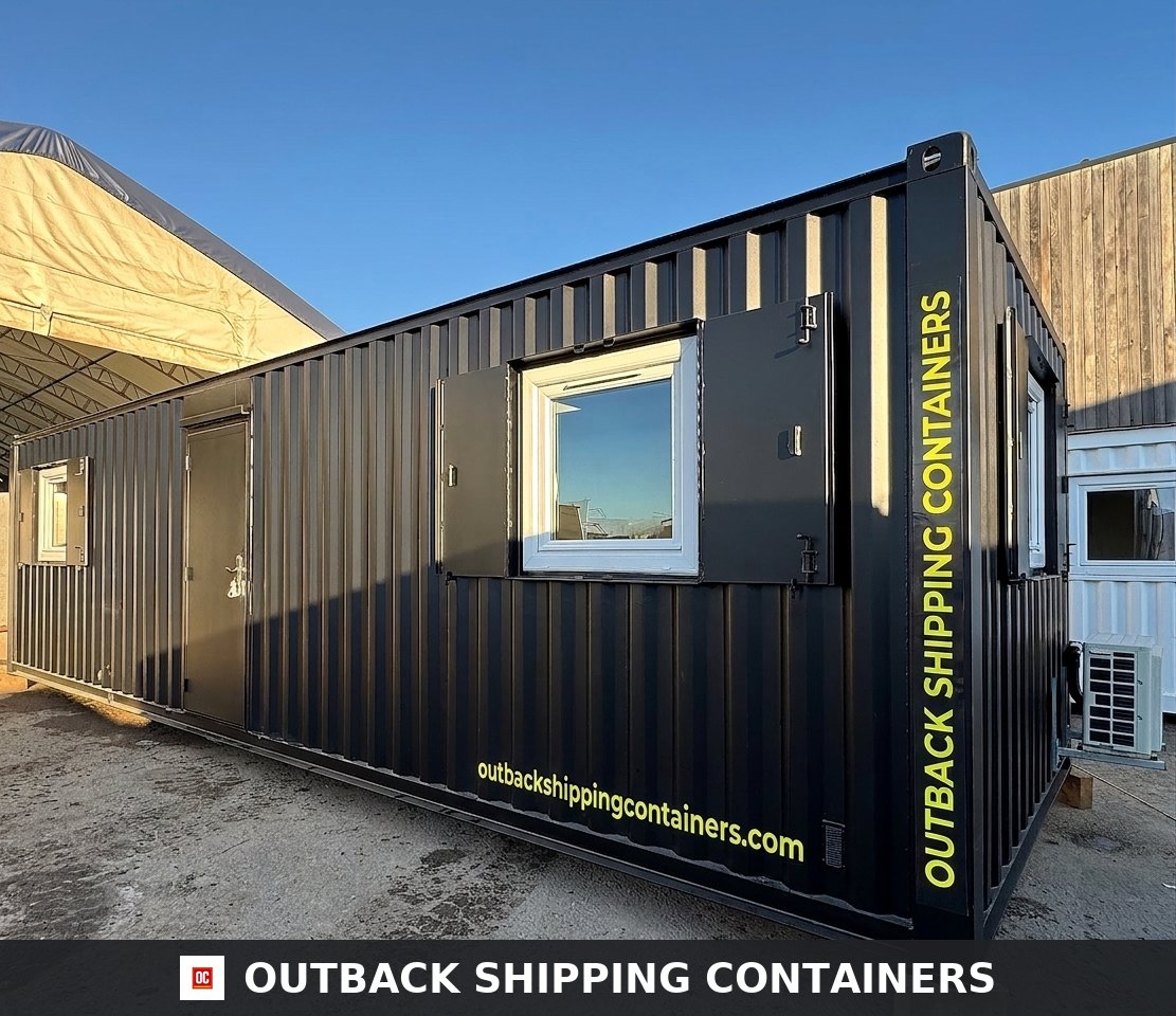 32x10ft Cabin for Sale — Door and Entry Detail | Outback Shipping Containers 2 3 4 5 6 32x10ft Cabin — Open Plan Canteen / Office — image 7 of 15