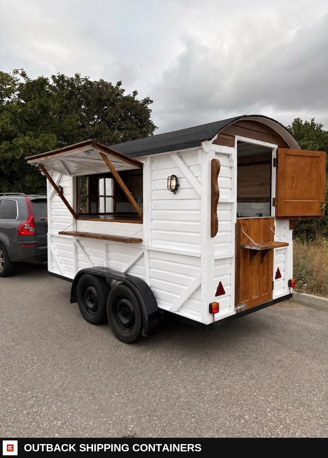Unique rustic catering trailer horsebox shepherds hut style food drinks for sale — front exterior view