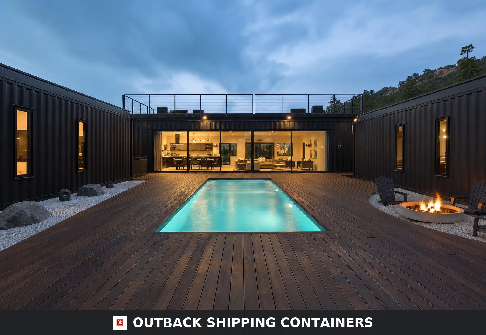 Central courtyard of the container wellness villa with north-south plunge pool, timber deck and 24ft multi-slide glass wall