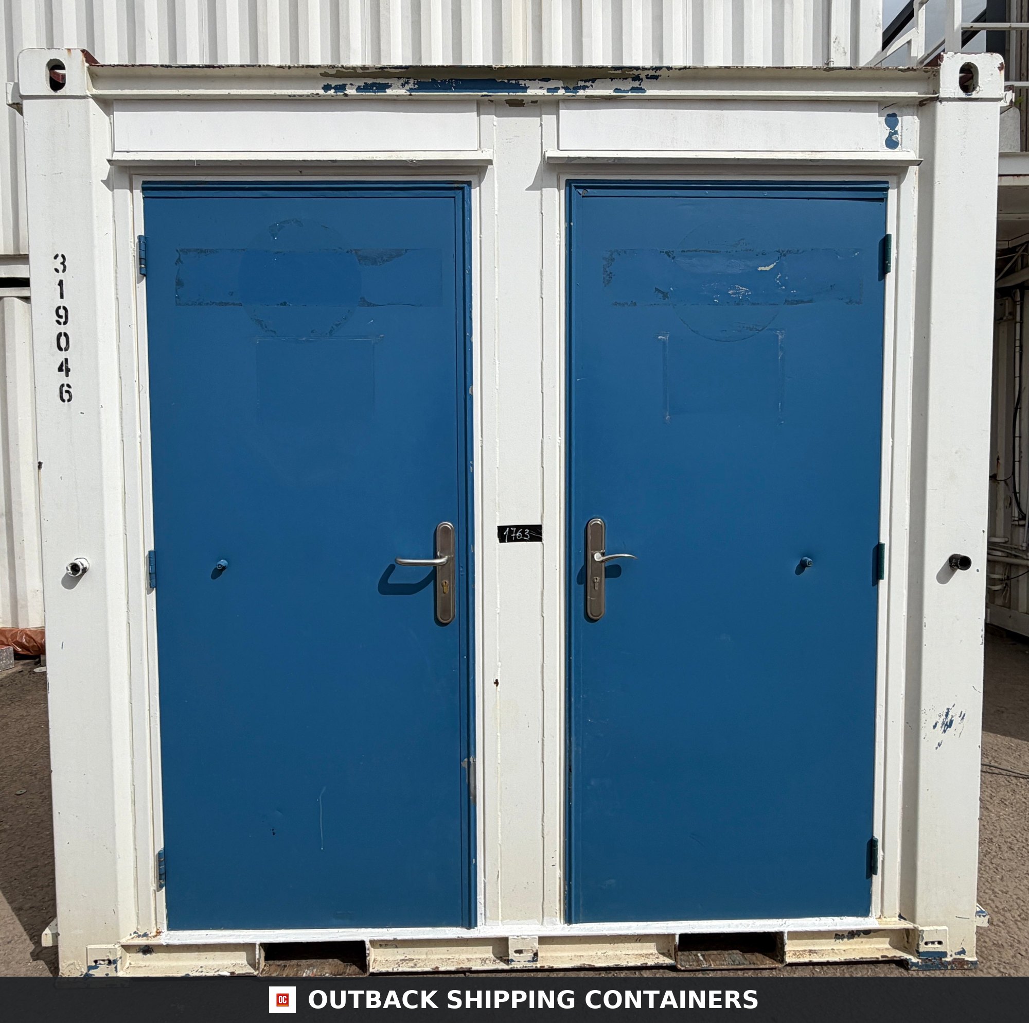 Double Toilet Block for Sale — Window and Shutter Detail | Outback Shipping Containers 2 3 Double Toilet Block — Male & Female WC — 8x5 Ft — Unrefurbished Portable Toilet Block — 1+1 Toilet Block — Blue/White - image 8