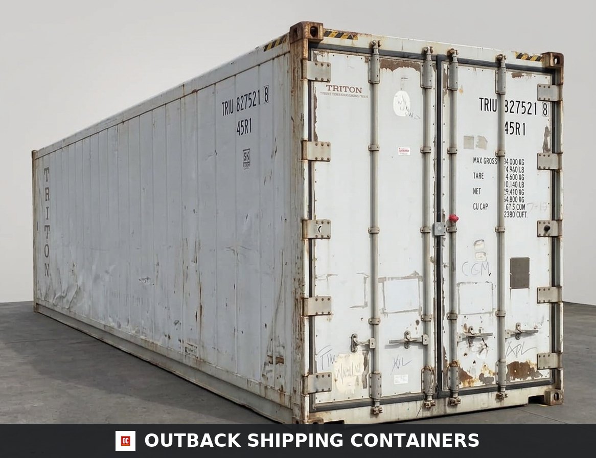 40ft used shipping container with white exterior and cargo doors showing moderate wear and rust at a container yard