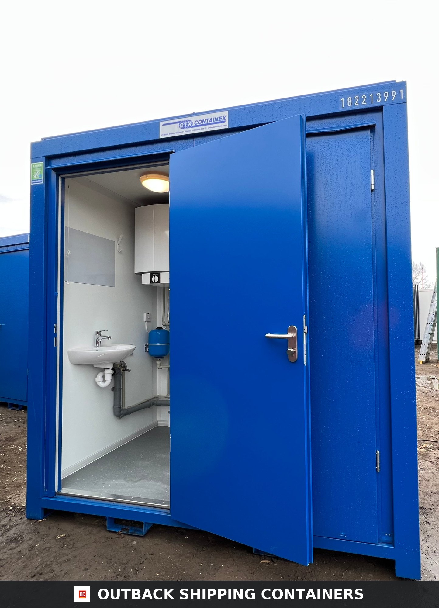 Shower Block with Toilet Block for Sale — Door and Entry Detail | Outback Shipping Containers Shower Block with Toilet Block — 8 x 5 ft Brand New Portable Containex — Blue — No 855 — product gallery image 7 of 8