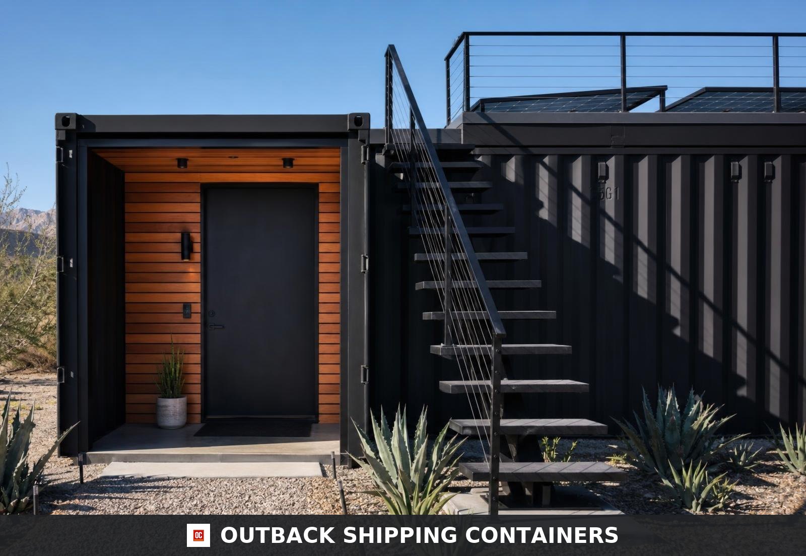 Exterior stair to the walkable roof deck at the entry of the container wellness villa with cable guardrail