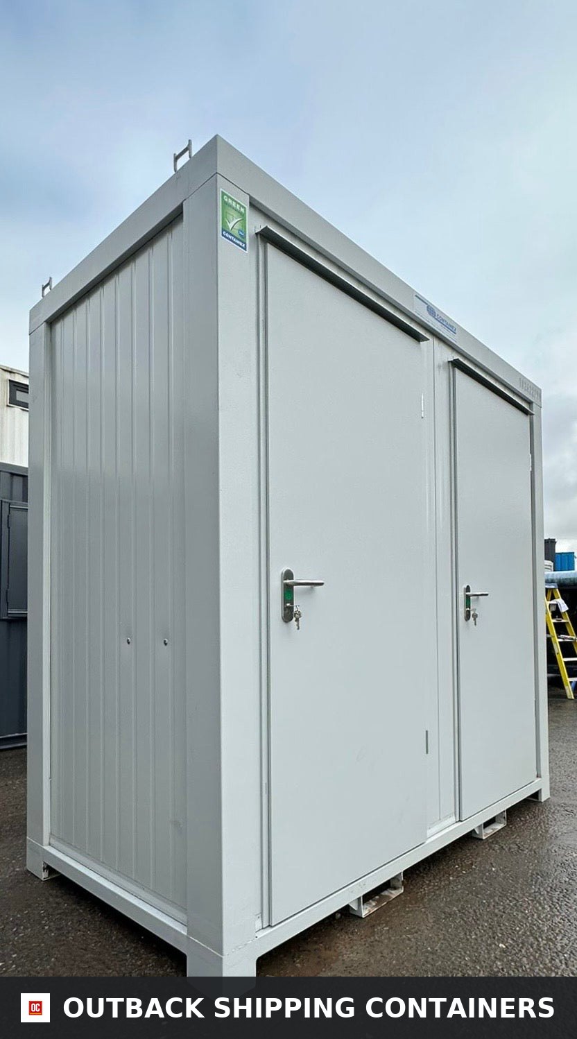 NEW Portable Toilet + Urinal — Corner Casting and Frame Detail | Outback Shipping Containers NEW Portable Toilet + Urinal — Male/Female WC + Urinal — 8 x 5 ft — Light Grey — No 792 — product gallery image 10 of 13