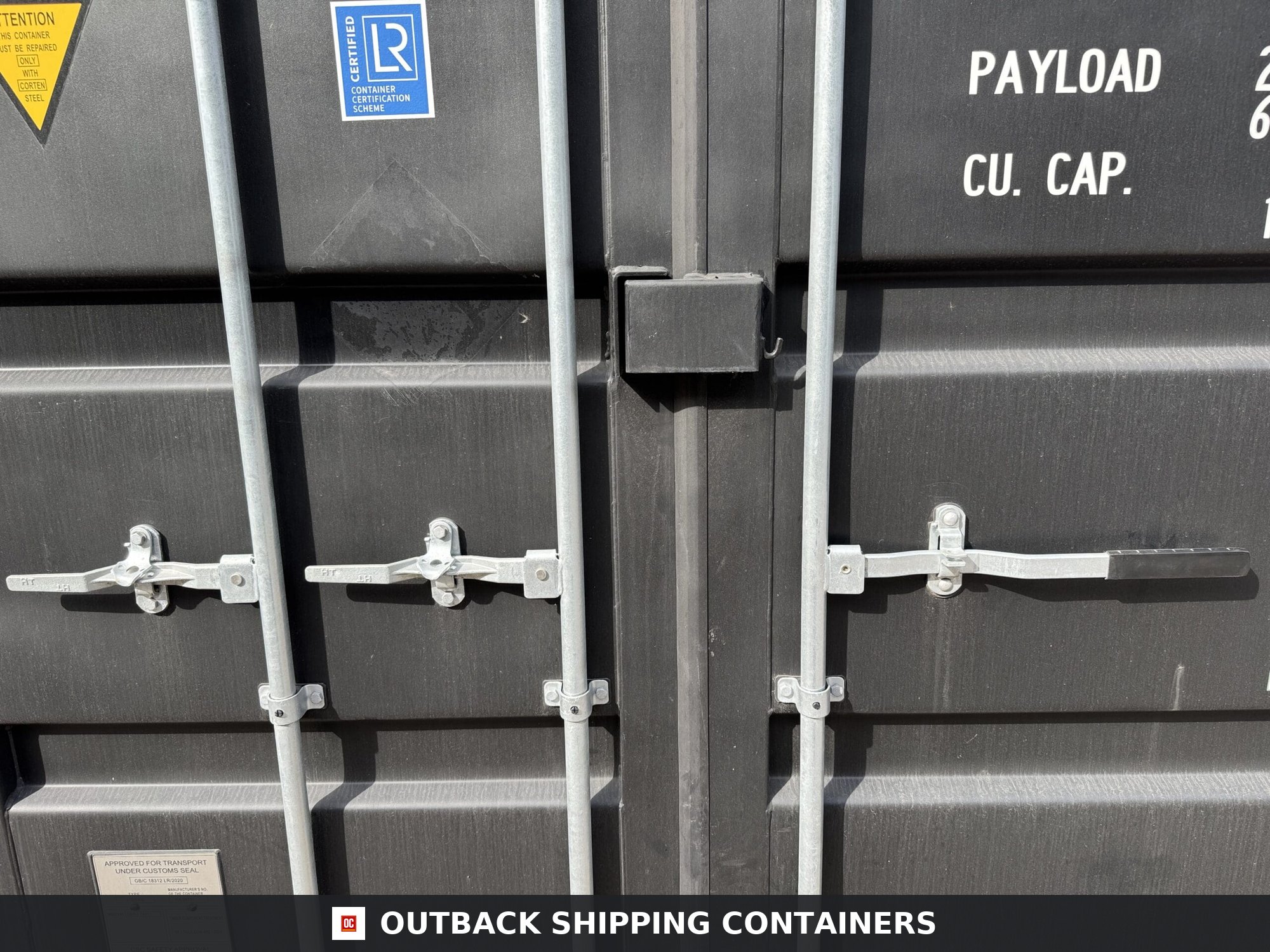 20ft New High Cube Shipping Container — Rear Exterior View | Outback Shipping Containers 20ft New High Cube Shipping Container – Wind & Watertight – Black — 20ft — new (image 4 of 12)