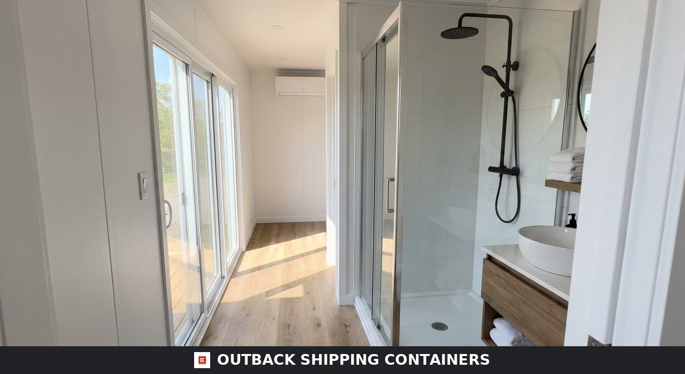 Luxury 40ft prefab container house with easy-folding sandwich — Roof and Structural Detail Luxury 40ft prefab container house interior — full bathroom with walk-in glass shower and floating vanity