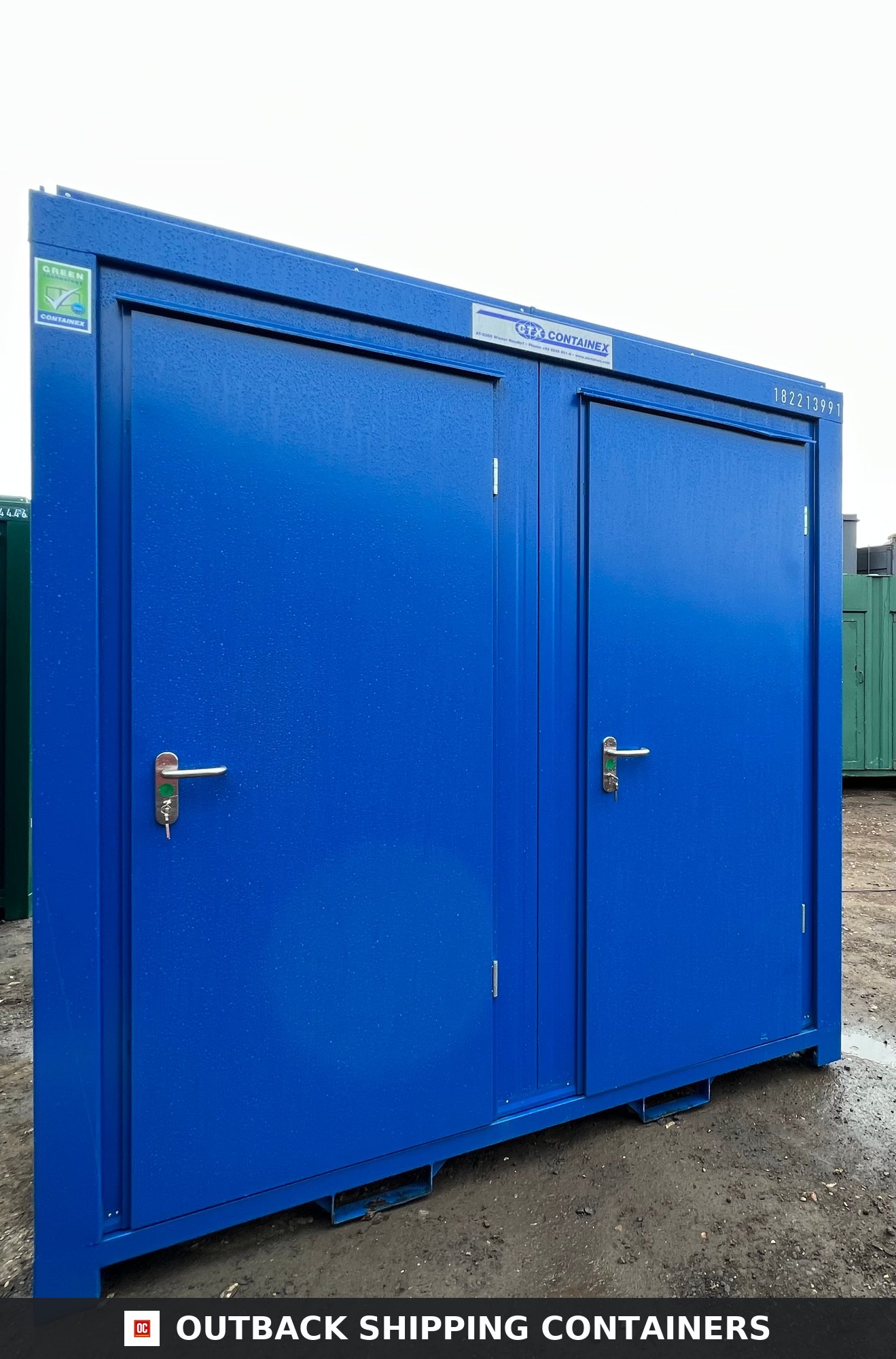 Shower Block with Toilet Block for Sale — Rear Exterior View | Outback Shipping Containers Shower Block with Toilet Block — 8 x 5 ft Brand New Portable Containex — Blue — No 855 — product gallery image 3 of 8