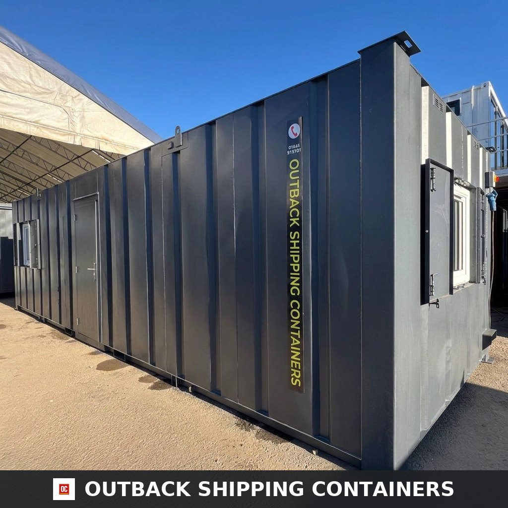 32x10ft Cabin for Sale — Side Profile View | Outback Shipping Containers Refurbished 32ft anti-vandal portable office cabin in dark gray steel with secure door and windows under a blue sky