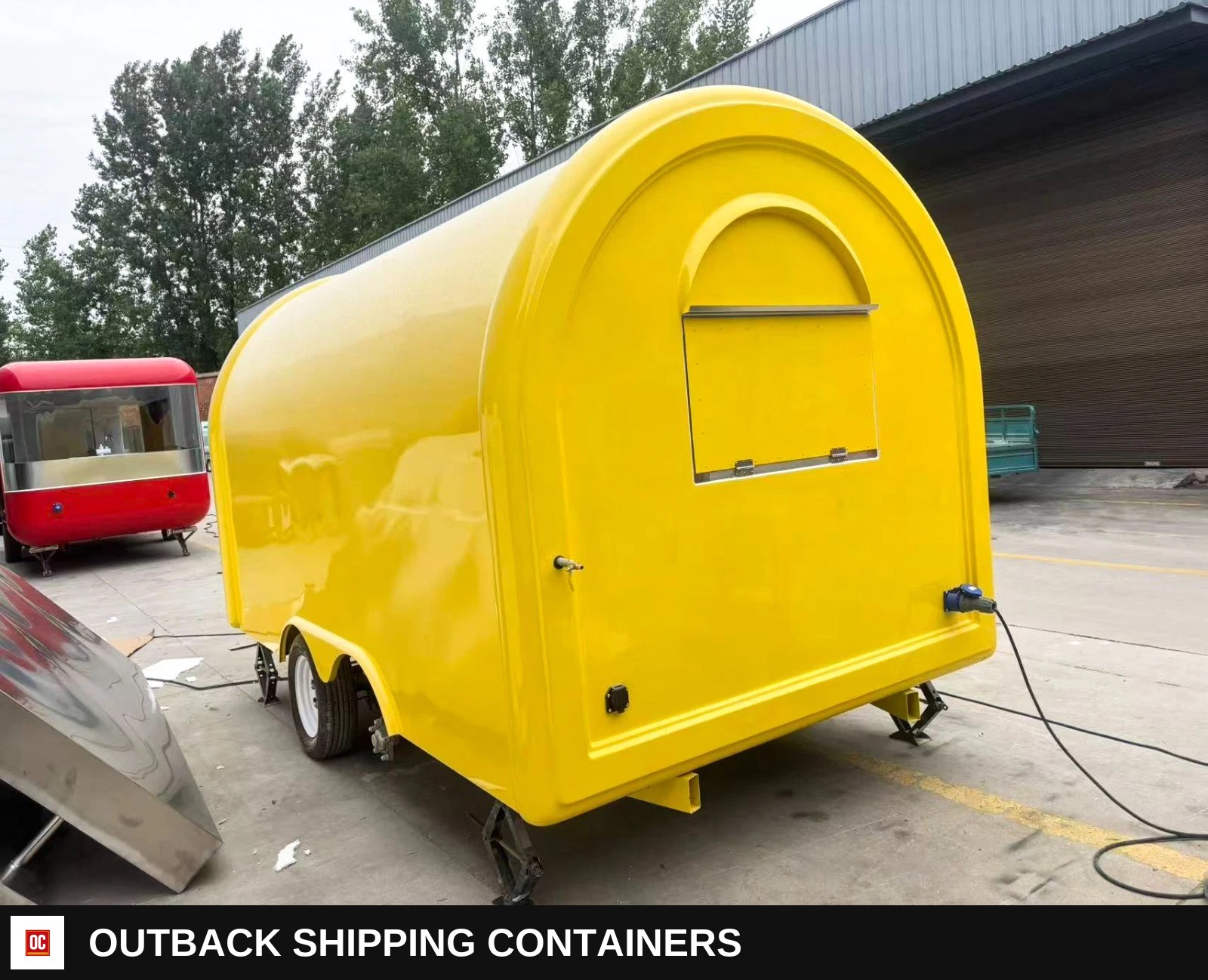 Yellow Mobile Catering Food Trailer Twin Axle Dual Serving Hatch — Three-Quarter Front Angle | Outback Shipping Containers Yellow Mobile Catering Food Trailer Twin Axle Dual Serving Hatch for sale — three-quarter front angle