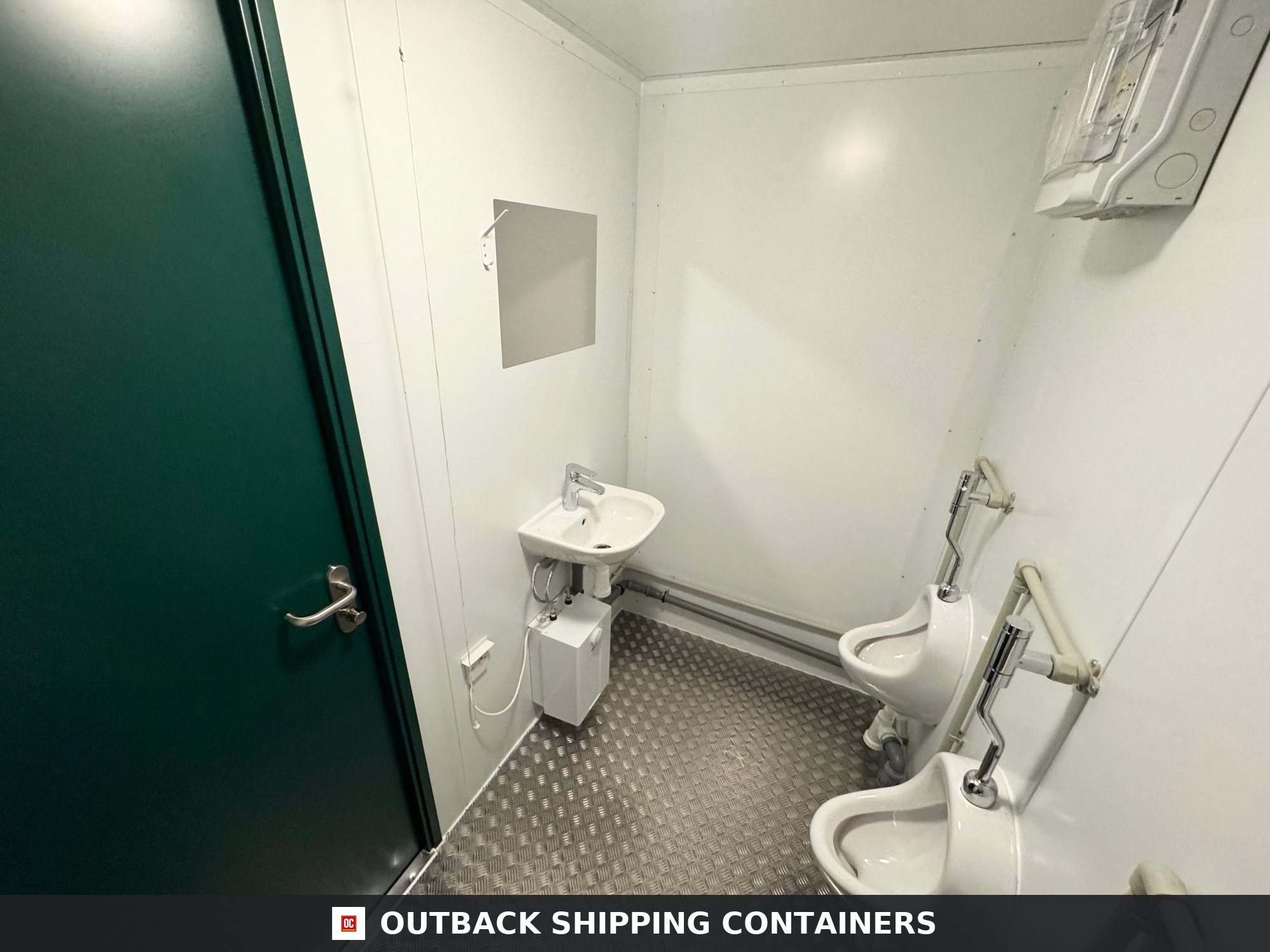 Triple Urinal Unit for Sale — Window and Shutter Detail | Outback Shipping Containers Triple Urinal Unit — 8 x 5 ft NEW Portable Toilet Block — Green — No 793 — product gallery image 7 of 15