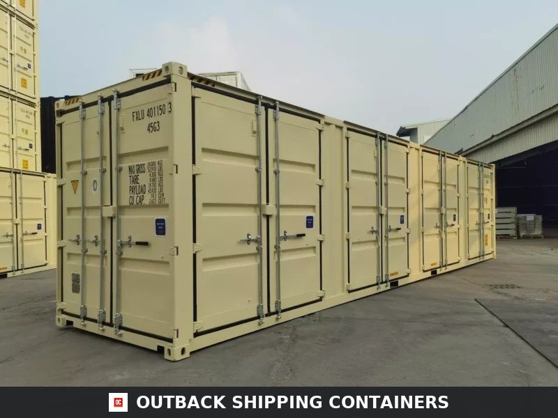 40ft HC Open Side Container with 4 Doors – One Trip for Sale — Three-Quarter Angle View 40ft high cube open side container with four sets of bi-fold cargo doors along the side panel under a clear sky
