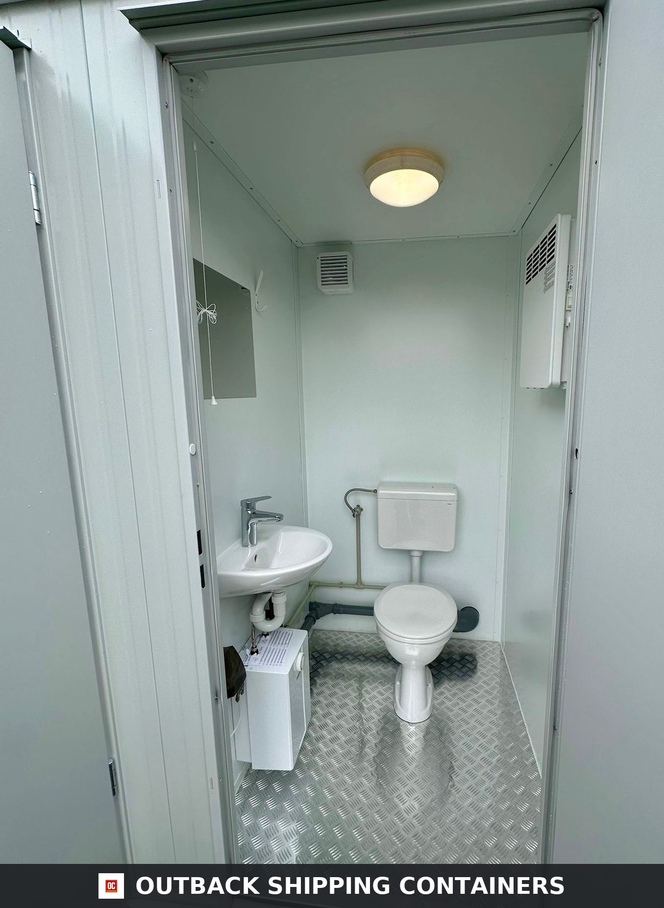 NEW Portable Toilet + Urinal for Sale — Window and Shutter Detail | Outback Shipping Containers NEW Portable Toilet + Urinal — Male/Female WC + Urinal — 8 x 5 ft — Light Grey — No 792 — product gallery image 7 of 13