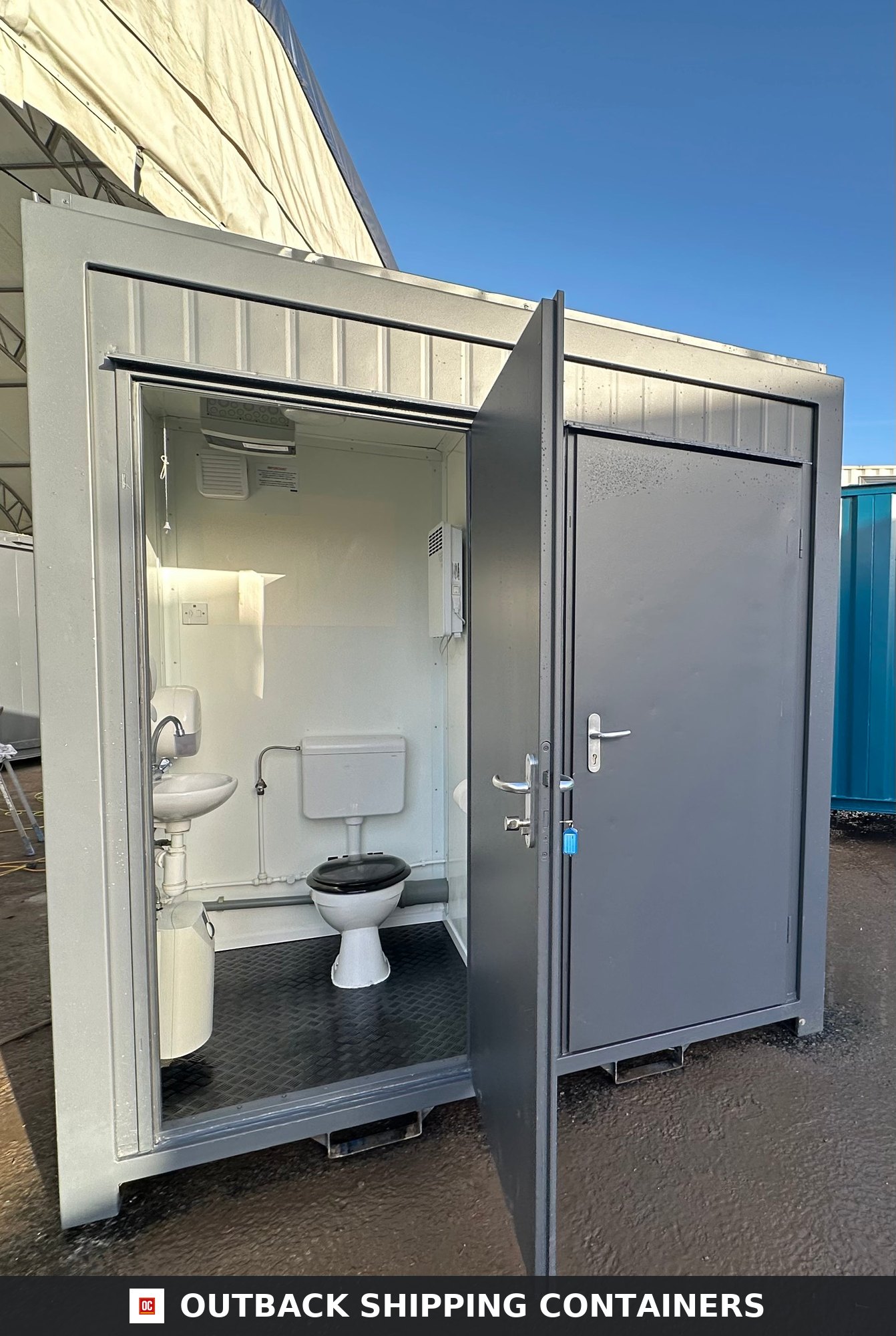 Double Toilet Block for Sale — Side Profile View | Outback Shipping Containers Double Toilet Block — Male/Female WC — 8 x 5 ft — Refurbished Portable — 1+1 Toilet — No 1388 — primary exterior image 1 of 8
