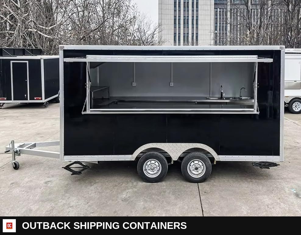 Stainless Steel Frame Street Food Trailer for Coffee Van Catering Cart Burgers — Three-Quarter Front Angle | Outback Shipping Containers Stainless Steel Frame Street Food Trailer for Coffee Van Catering Cart Burgers for sale — three-quarter front angle