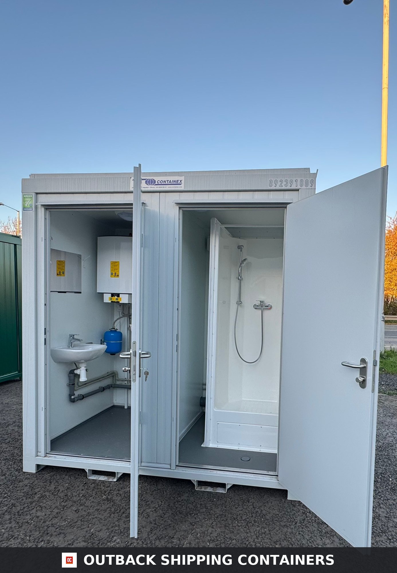 NEW 1 Toilet & 1 Shower Block for Sale — Rear Exterior View | Outback Shipping Containers NEW 1 Toilet & 1 Shower Block — 8 x 5 ft — Portable Containex — Grey — No 855 — product gallery image 3 of 10