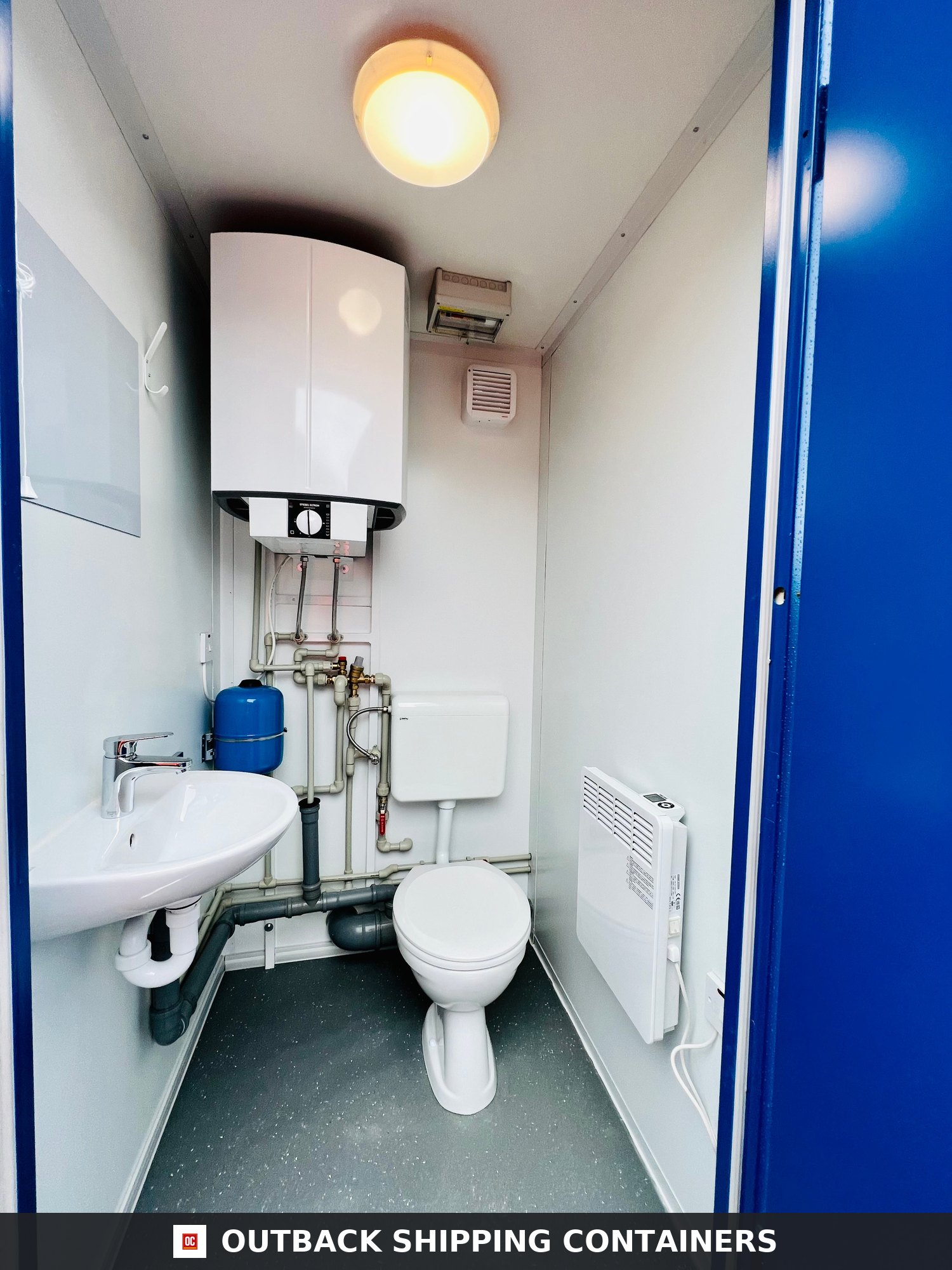 Shower Block with Toilet Block for Sale — Interior Detail | Outback Shipping Containers Shower Block with Toilet Block — 8 x 5 ft Brand New Portable Containex — Blue — No 855 — product gallery image 6 of 8