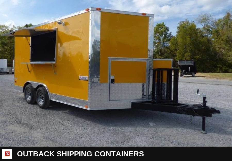 8.5 x 14 Yellow Food Vending Event Catering Trailer — Stainless Prep And Counter Area | Outback Shipping Containers 8.5 x 14 Yellow Food Vending Event Catering Trailer for sale — stainless prep and counter area