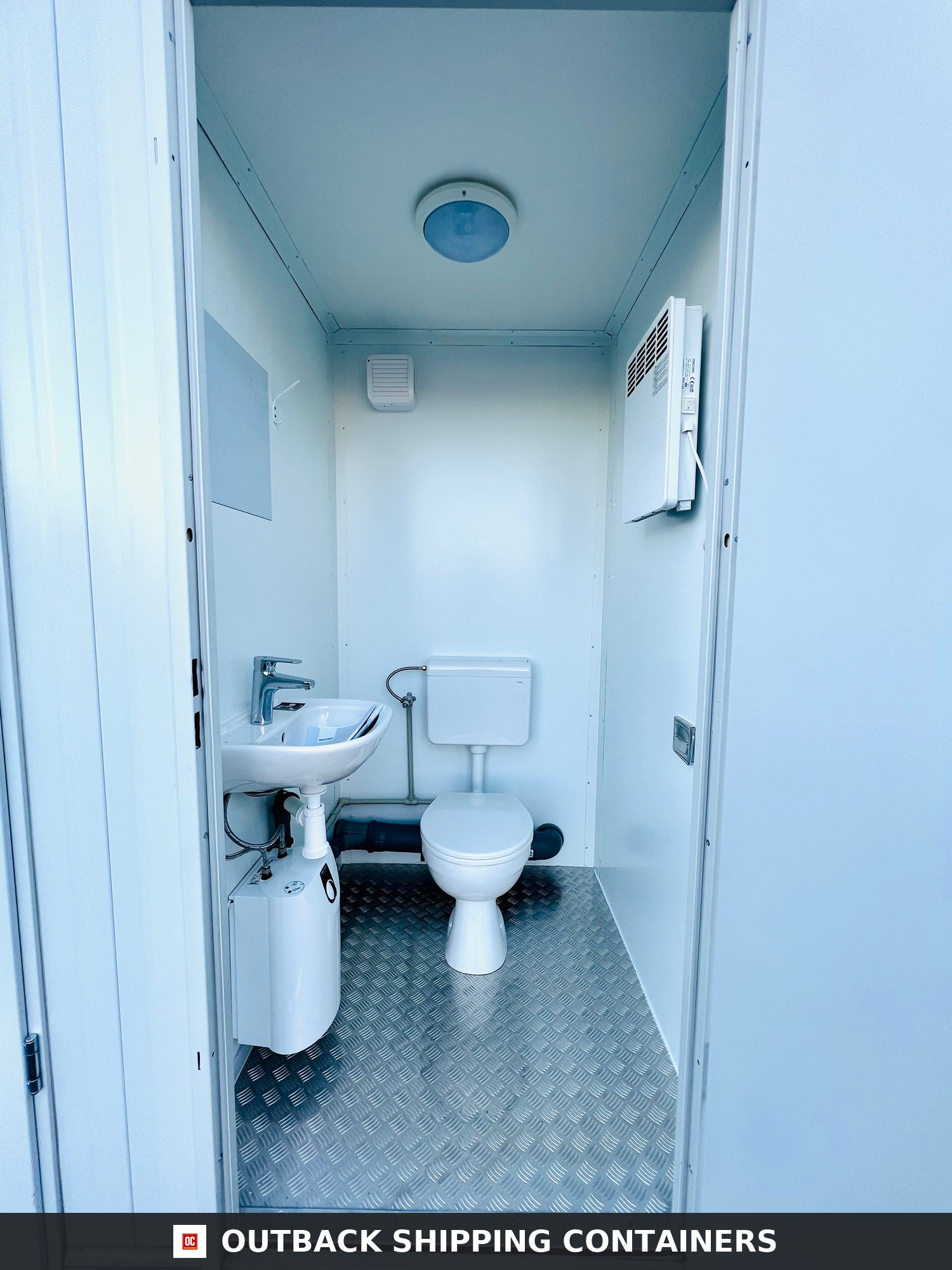 Double Toilet Blocks for Sale — Three-Quarter Angle View | Outback Shipping Containers Double Toilet Blocks — Male/Female WC — 8x5 ft — NEW 1+1 Toilet Block — Light Grey — No 790 — product gallery image 2 of 8