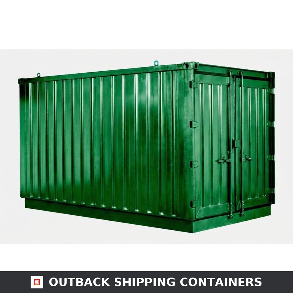 Green powder coated flat packed storage container door showing corrugated metal panel and hinges