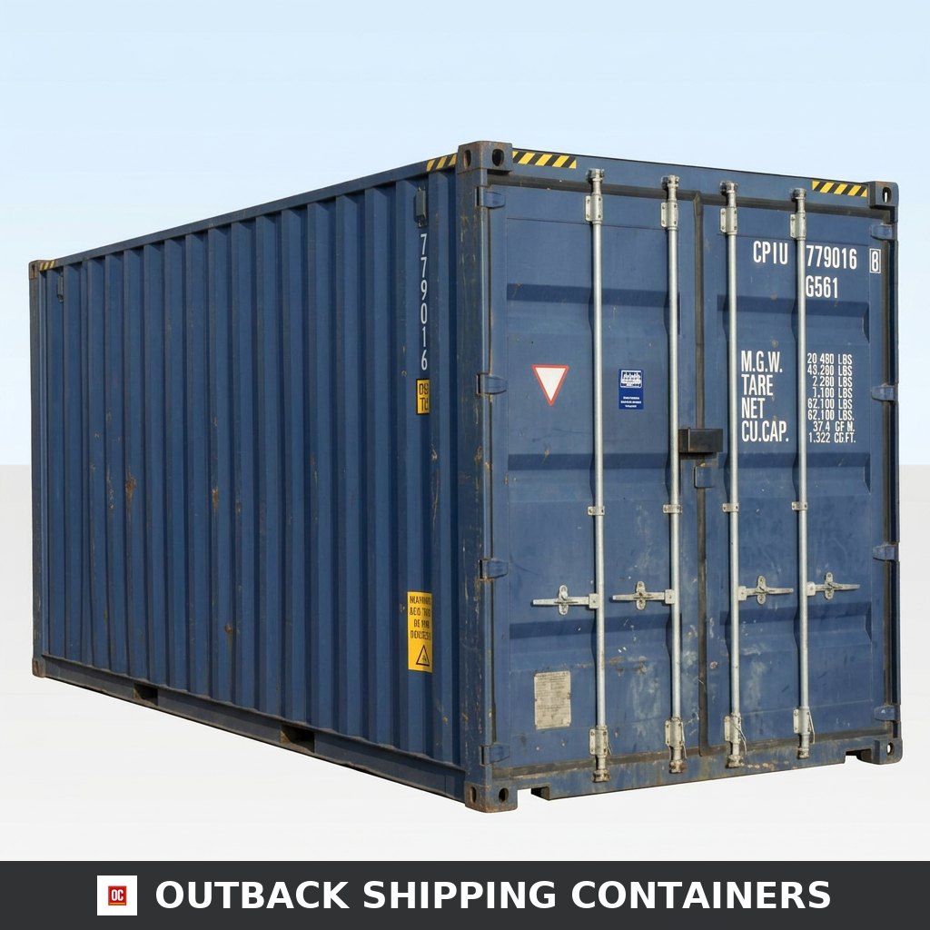 20ft high cube shipping container in blue steel showing side corrugated panels and double cargo doors in used condition