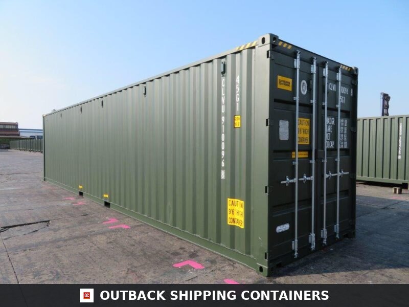 40 Ft New Shipping Containers Ready To Ship 40ft for Sale — Rear Exterior View 40ft new shipping container in olive green showing side profile and double cargo doors with locking rods in a lot