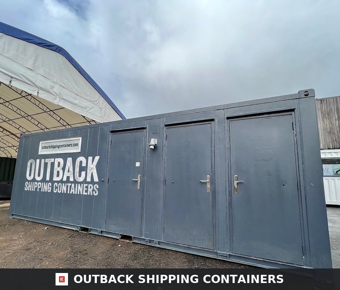 Toilet Block + Shower for Sale — Side Profile View | Outback Shipping Containers Toilet Block + Shower — 24 x 9 ft — 4 + 1 Toilet with Separate Shower Room — No 882 — primary exterior image 1 of 15