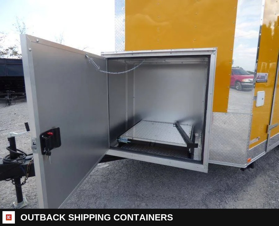8.5 x 14 Yellow Food Vending Event Catering Trailer — Serving Window And Hatch | Outback Shipping Containers 8.5 x 14 Yellow Food Vending Event Catering Trailer for sale — serving window and hatch