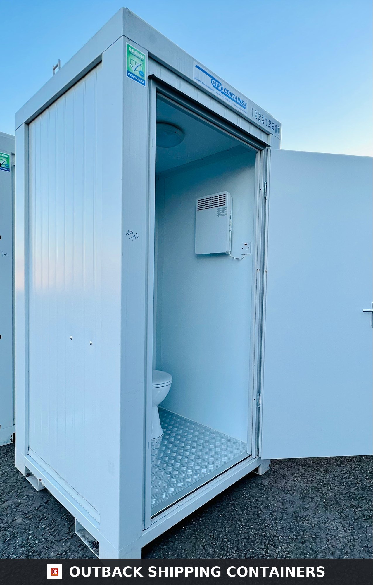 New Single Toilet Block for Sale — Interior View | Outback Shipping Containers New Single Toilet Block — 5x5 ft WC — Containex — Light Grey — No 791 — product gallery image 5 of 6