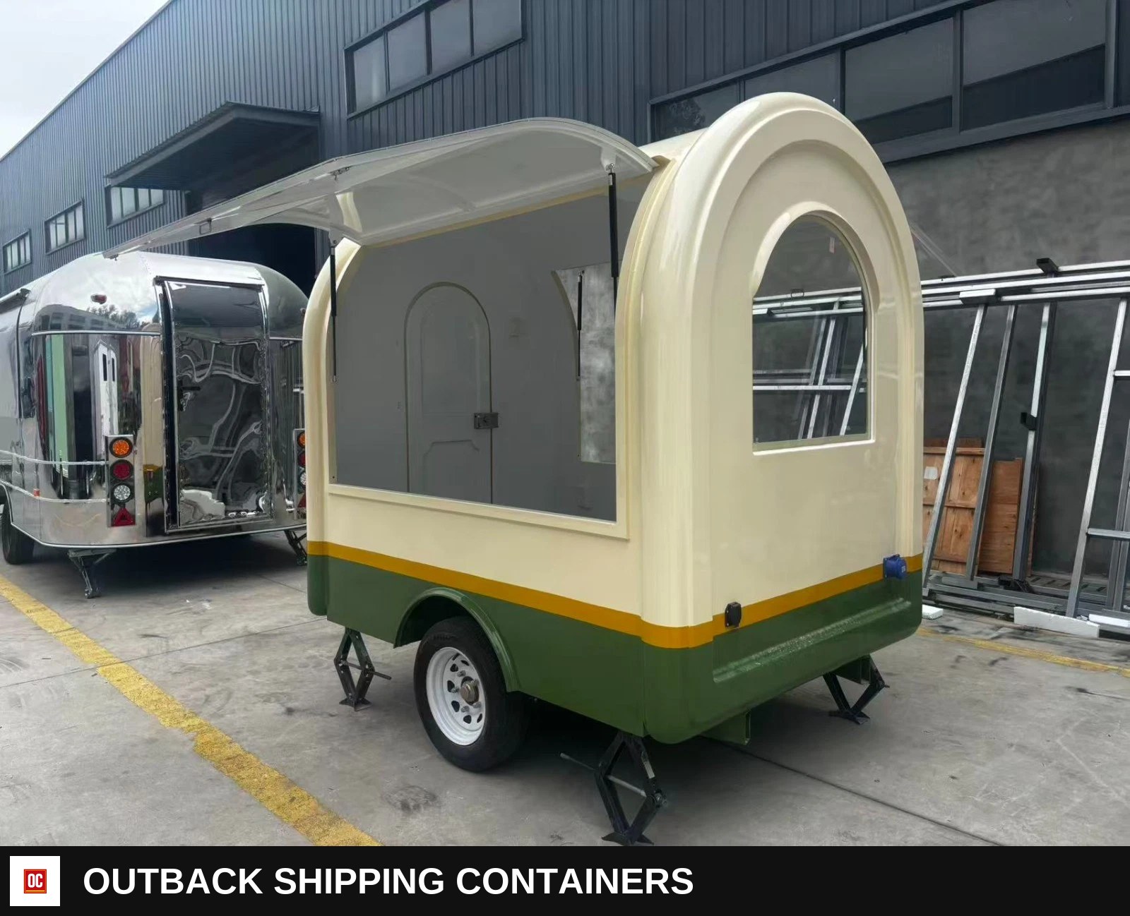 Mobile Catering Food Trailer Single Axle Dual Hatch Coffee Street Food — Driver-Side Profile | Outback Shipping Containers Mobile Catering Food Trailer Single Axle Dual Hatch Coffee Street Food for sale — driver-side profile