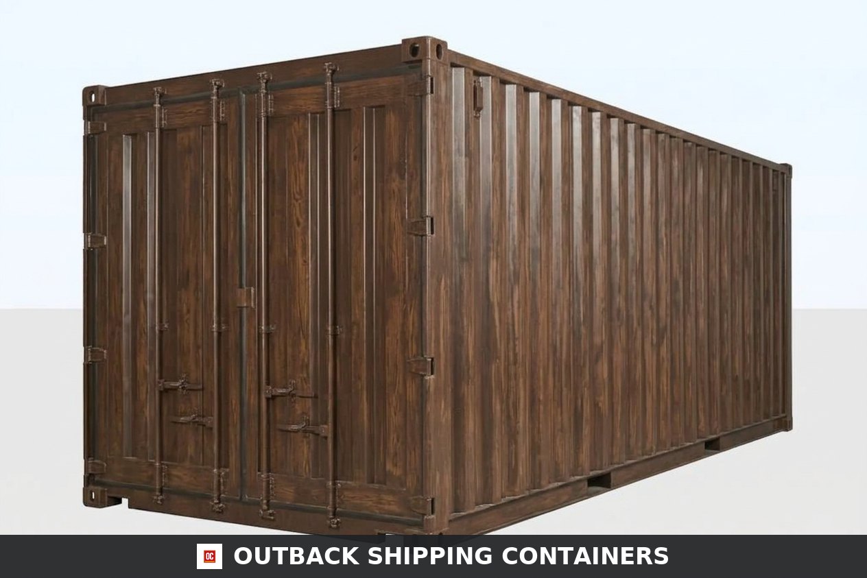 Front view of a wood-effect flat packed storage container with vertical corrugated steel panels and a hinged door