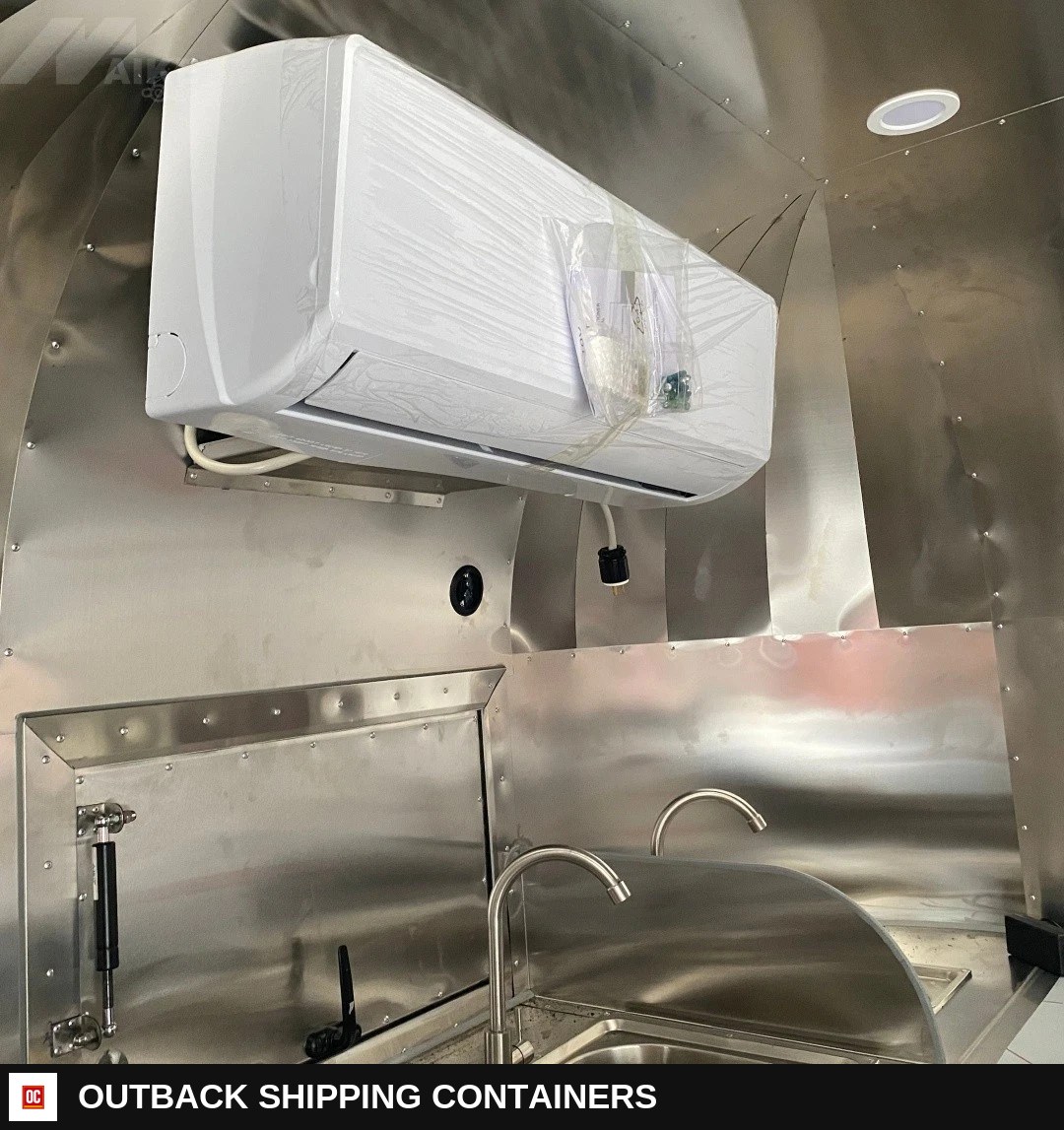 Yellow Mobile Catering Food Trailer Twin Axle Dual Serving Hatch — Equipment And Appliance Detail | Outback Shipping Containers Yellow Mobile Catering Food Trailer Twin Axle Dual Serving Hatch for sale — equipment and appliance detail