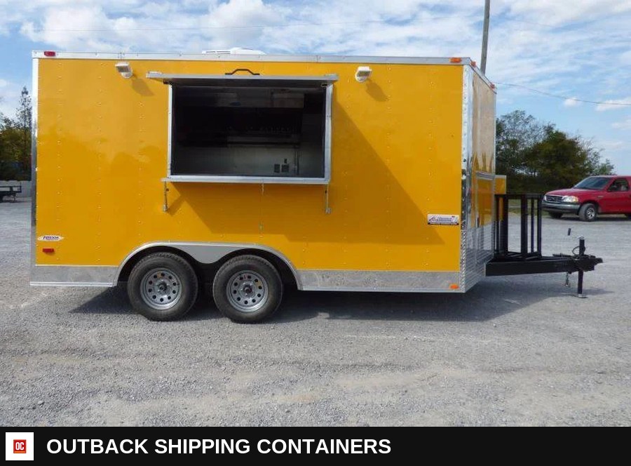 8.5 x 14 Yellow Food Vending Event Catering Trailer — Driver-Side Profile | Outback Shipping Containers 8.5 x 14 Yellow Food Vending Event Catering Trailer for sale — driver-side profile