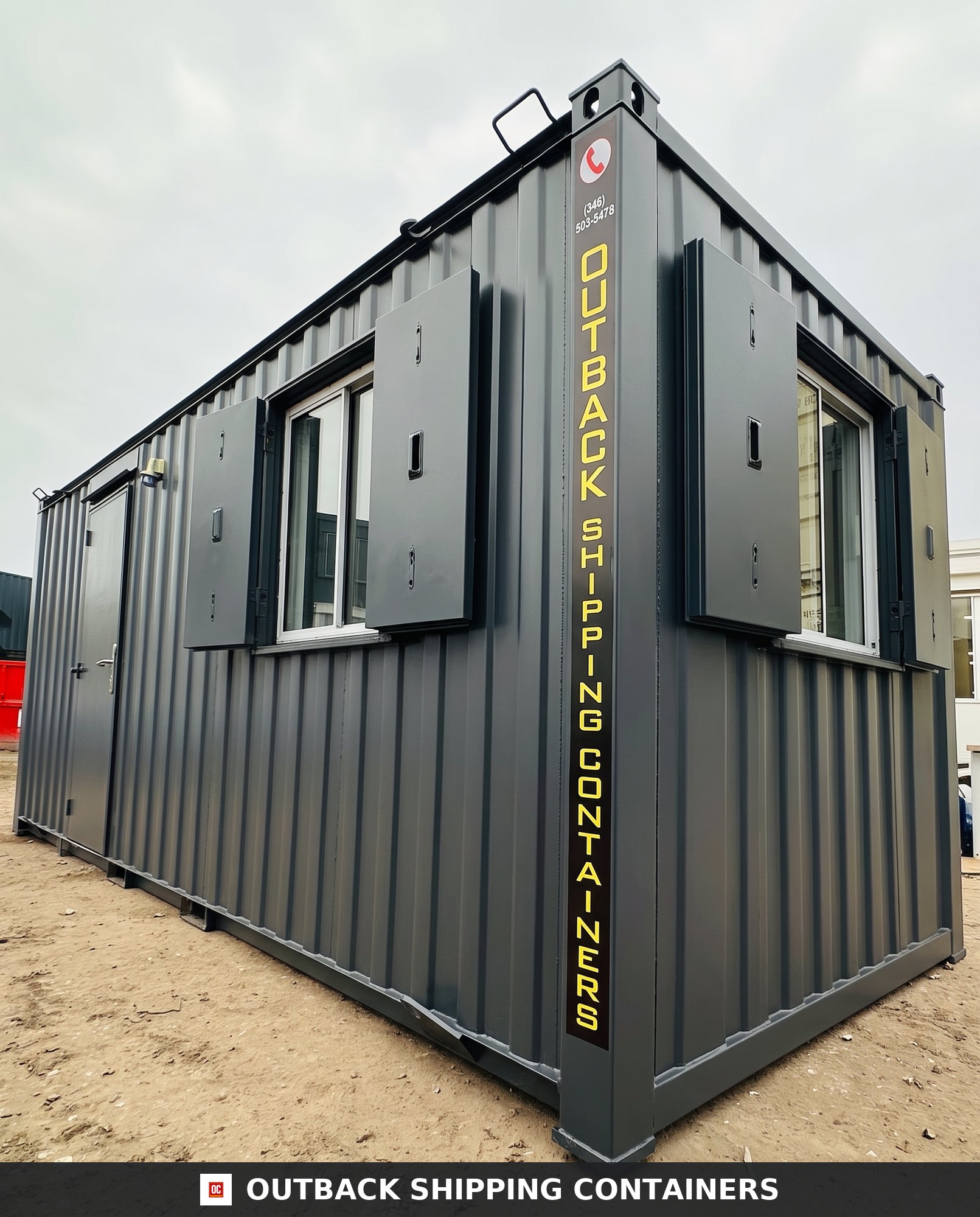 21x8ft for Sale — Side Profile View | Outback Shipping Containers 2 3 4 5 Refurbished 21x8ft dark gray steel shipping container office with security shutters and side personnel door