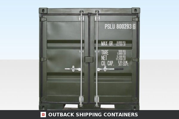 Front view of green 8ft one trip shipping container doors with locking rods and weight specifications