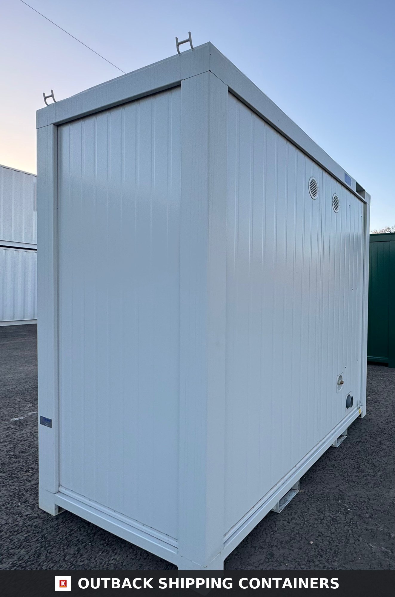 NEW 1 Toilet & 1 Shower Block for Sale — Door and Entry Detail | Outback Shipping Containers NEW 1 Toilet & 1 Shower Block — 8 x 5 ft — Portable Containex — Grey — No 855 — product gallery image 6 of 10